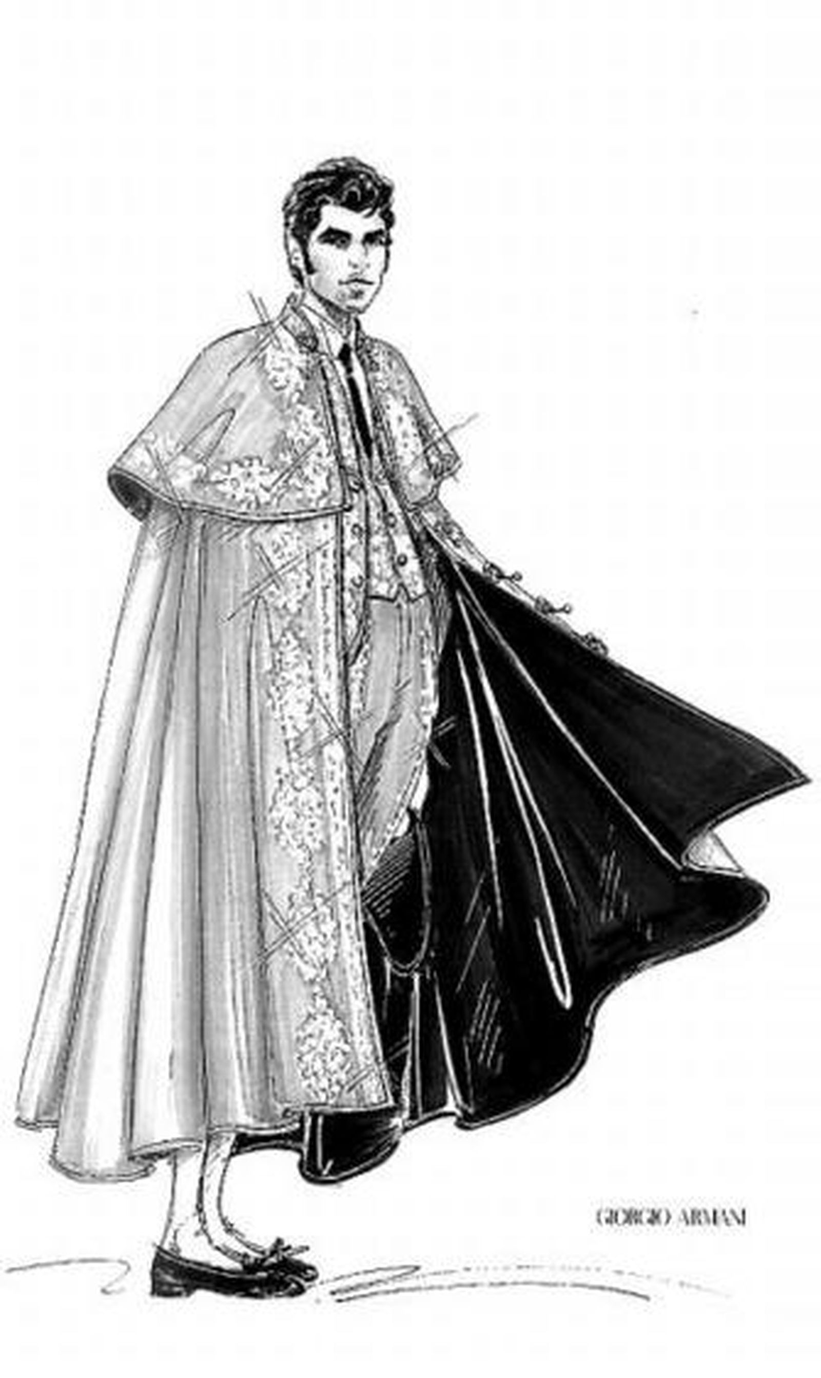 Cayetano ha desfilado para Armani. Al lado, el boceto del traje goyesco.