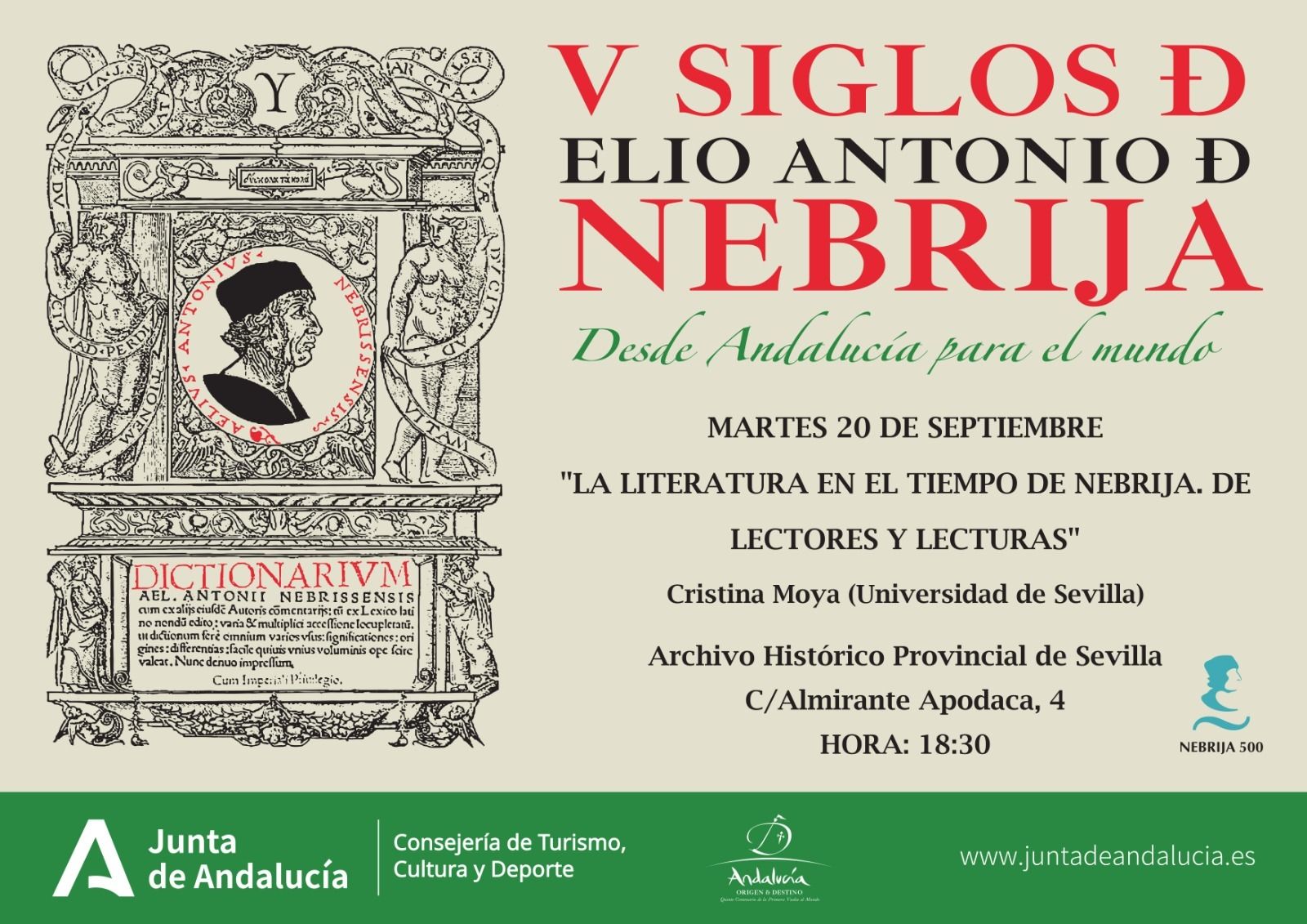 Cartel sobre la conferencia sobre 'La literatura en el tiempo de Nebrija'.