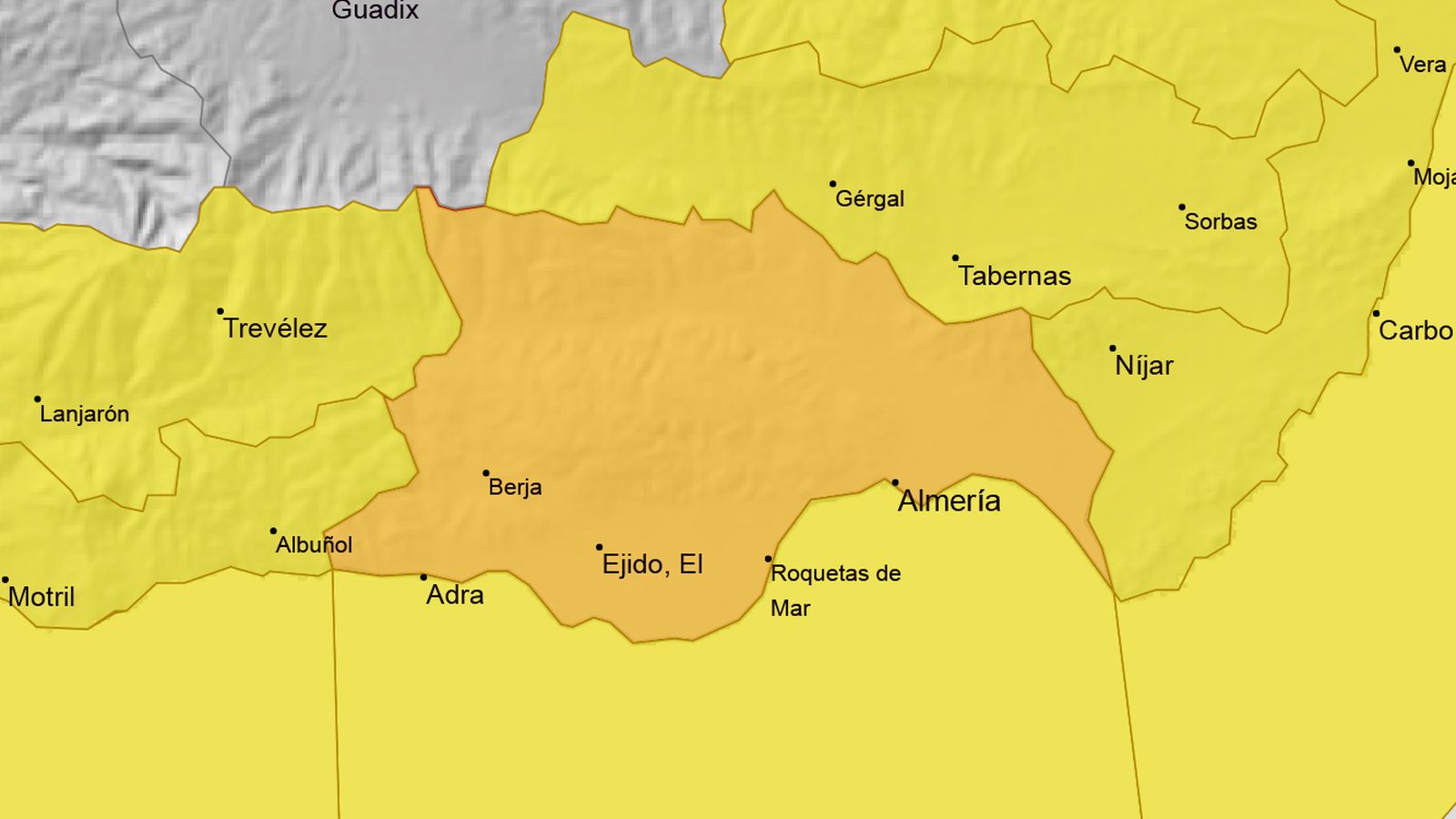 Alerta naranja por lluvias de hasta 80 mm en 12 horas en Almería capital y el Poniente, para el sábado.