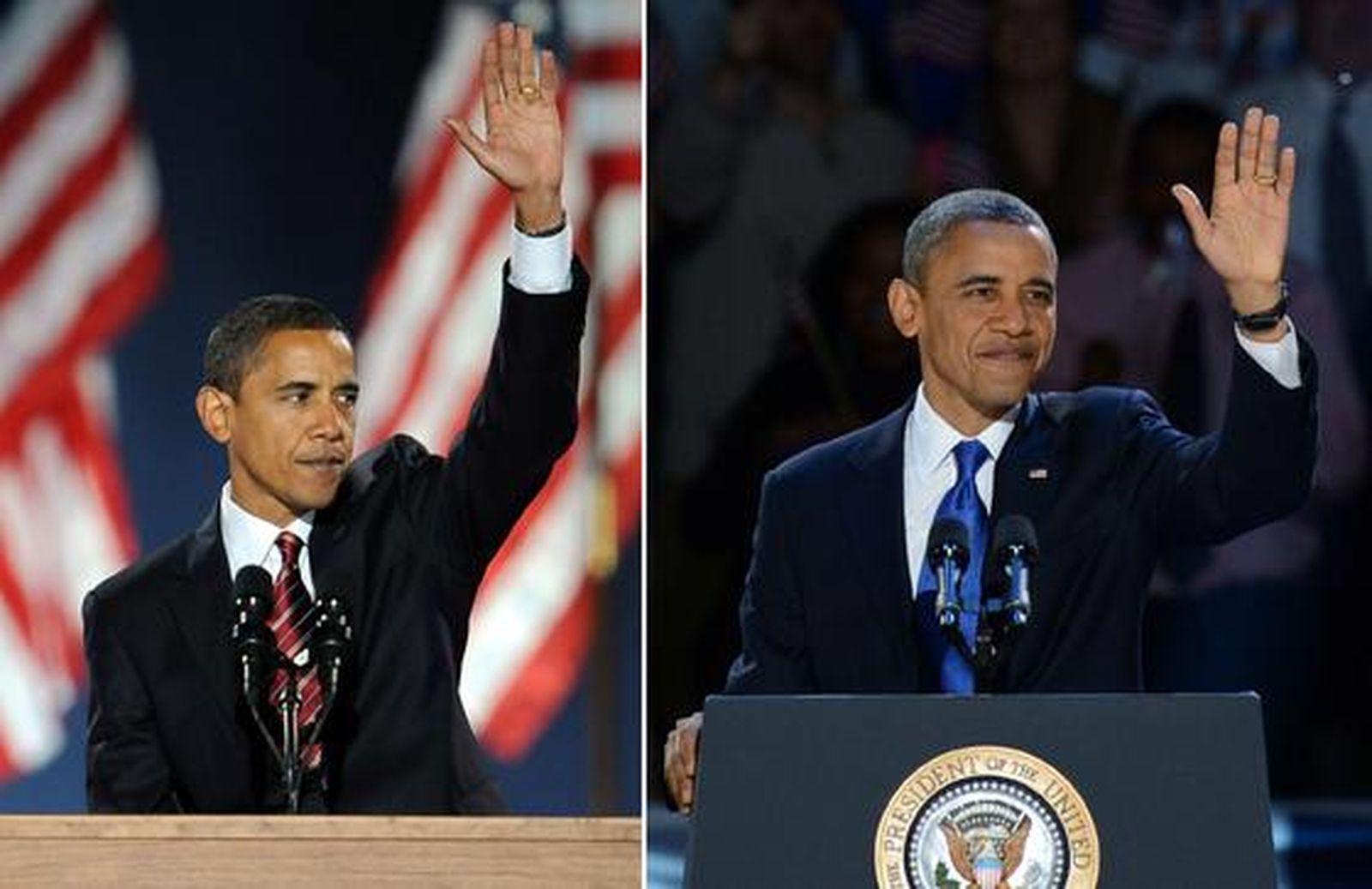 Foto comparativa: Obama en 2008 y en 2012.

Foto: Afp