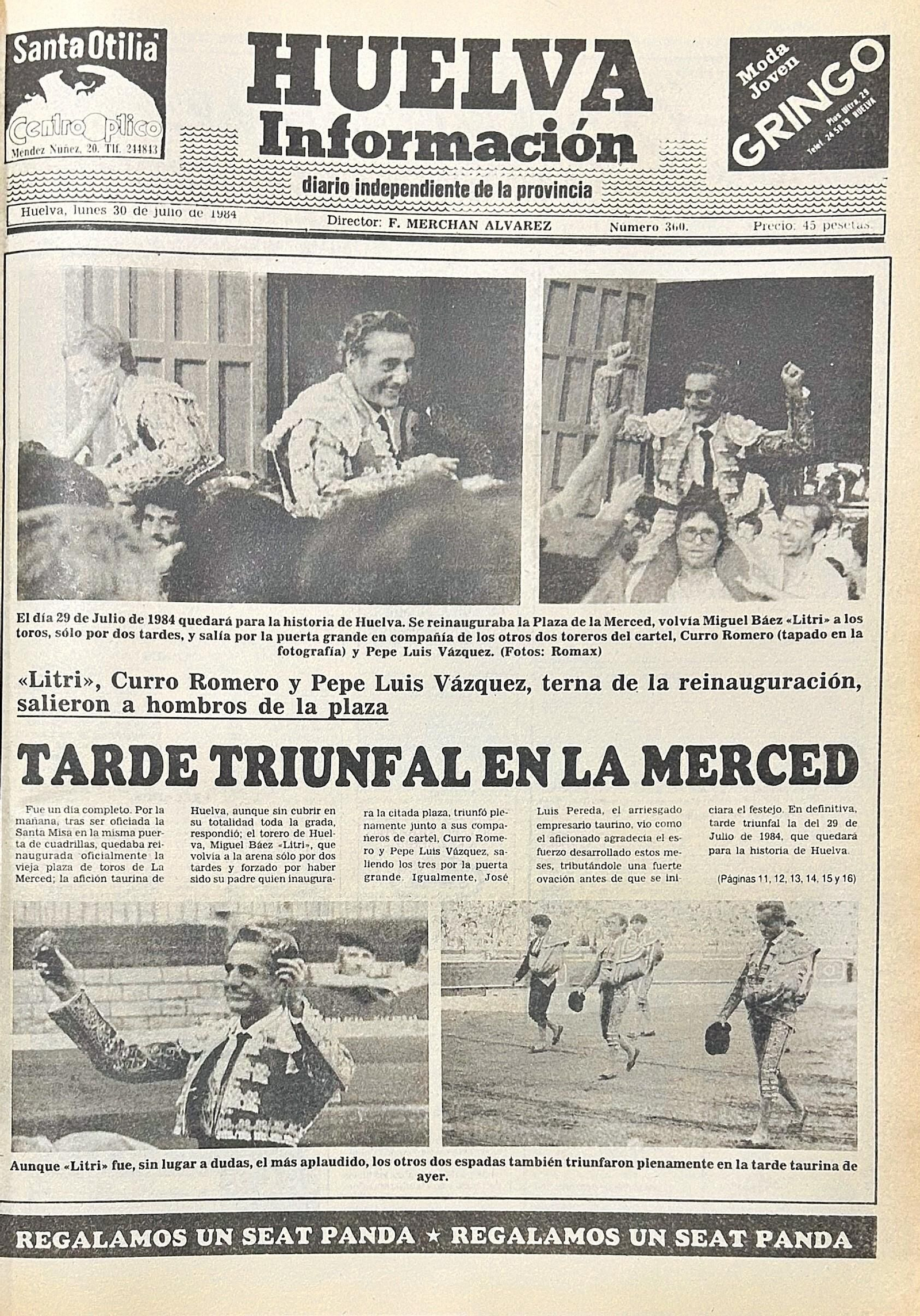 Primera página de Huelva Información el 30 de junio de 1984.