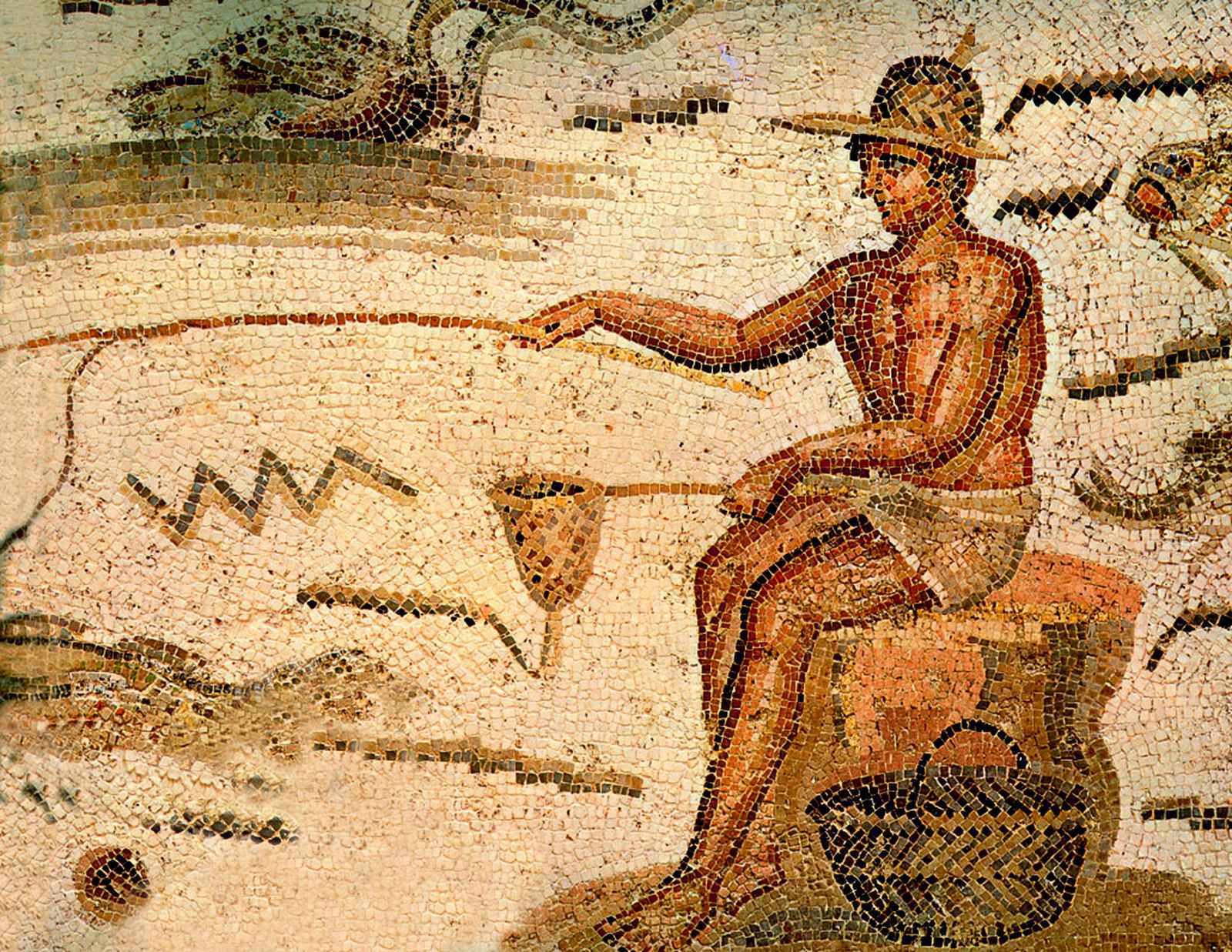 Mosaico romano representando a un pescador con caña (Museo del Bardo, Túnez).