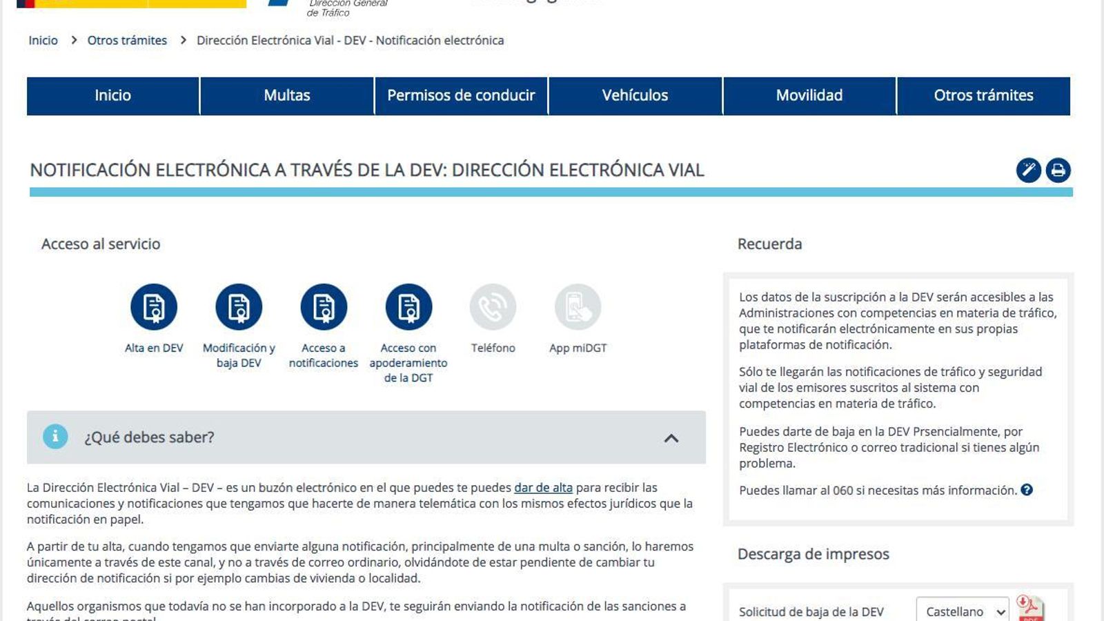 Notificación electrónica de la DEV