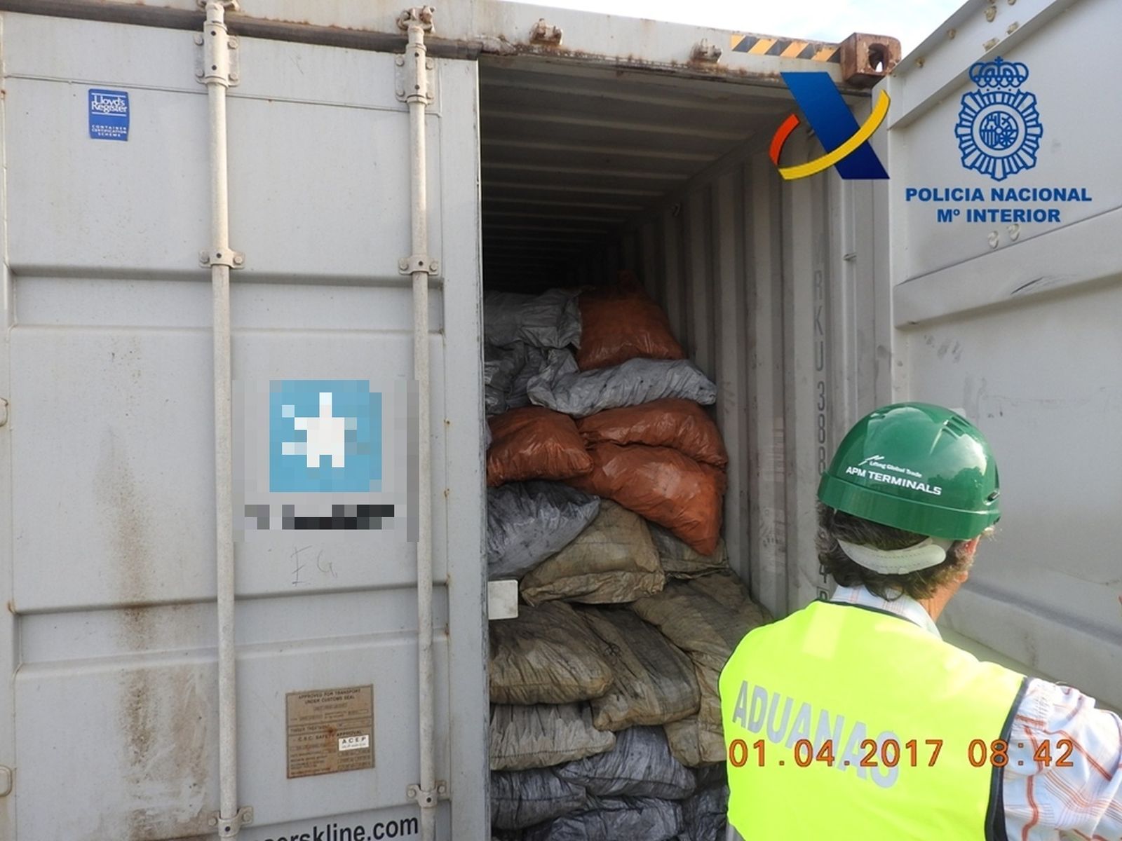 La carga intervenida dentro del camión, en el puerto de Algeciras.