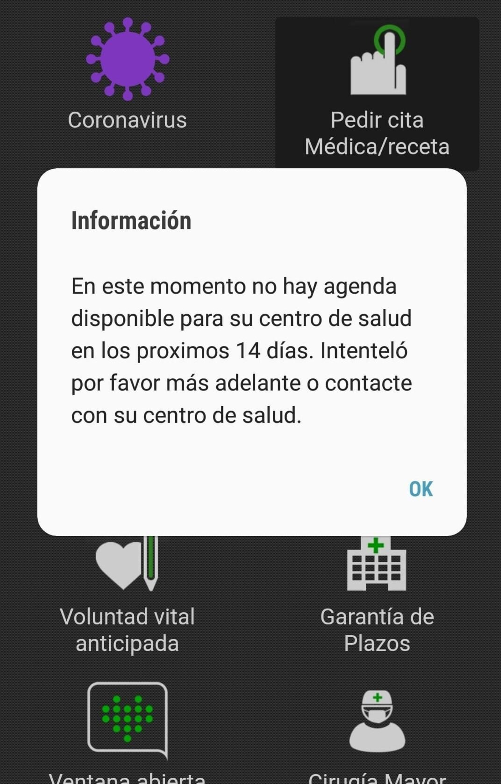 Mensaje de la aplicación de Salud Responde por el colapso de las agendas en Primaria. Mensaje de la aplicación de Salud Responde por el colapso de las agendas en Primaria.