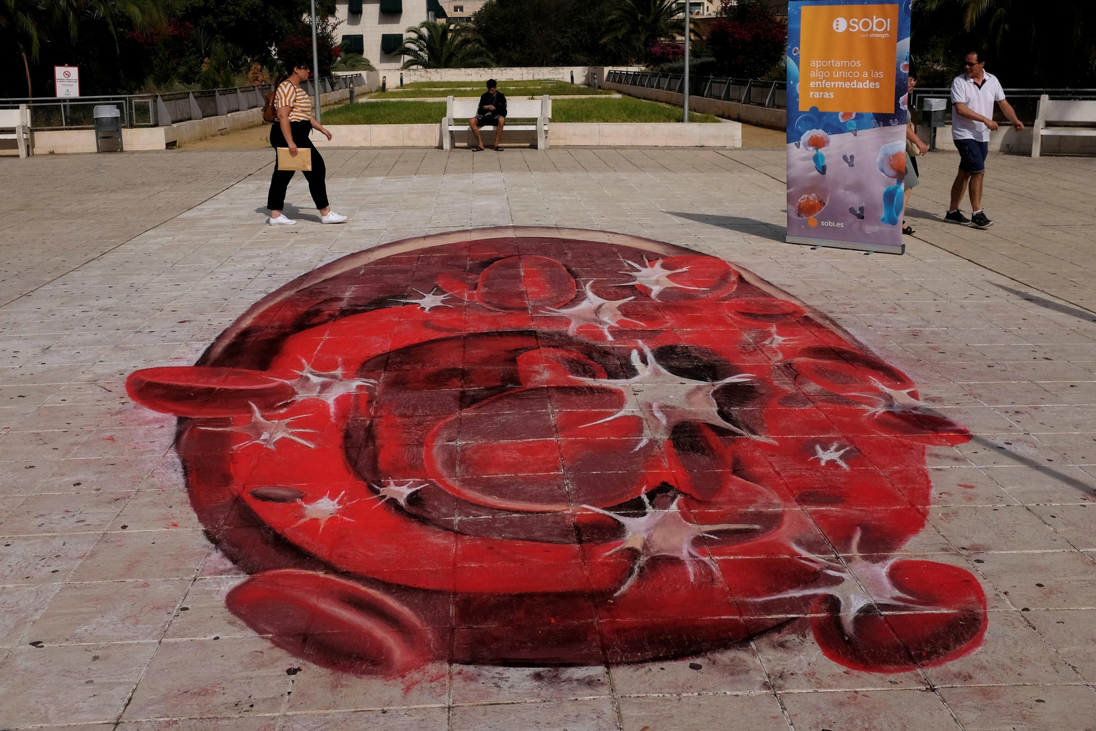 La anamorfosis dibujada en la explanada junto al Hospital general para dar visibilidad a las PTI.