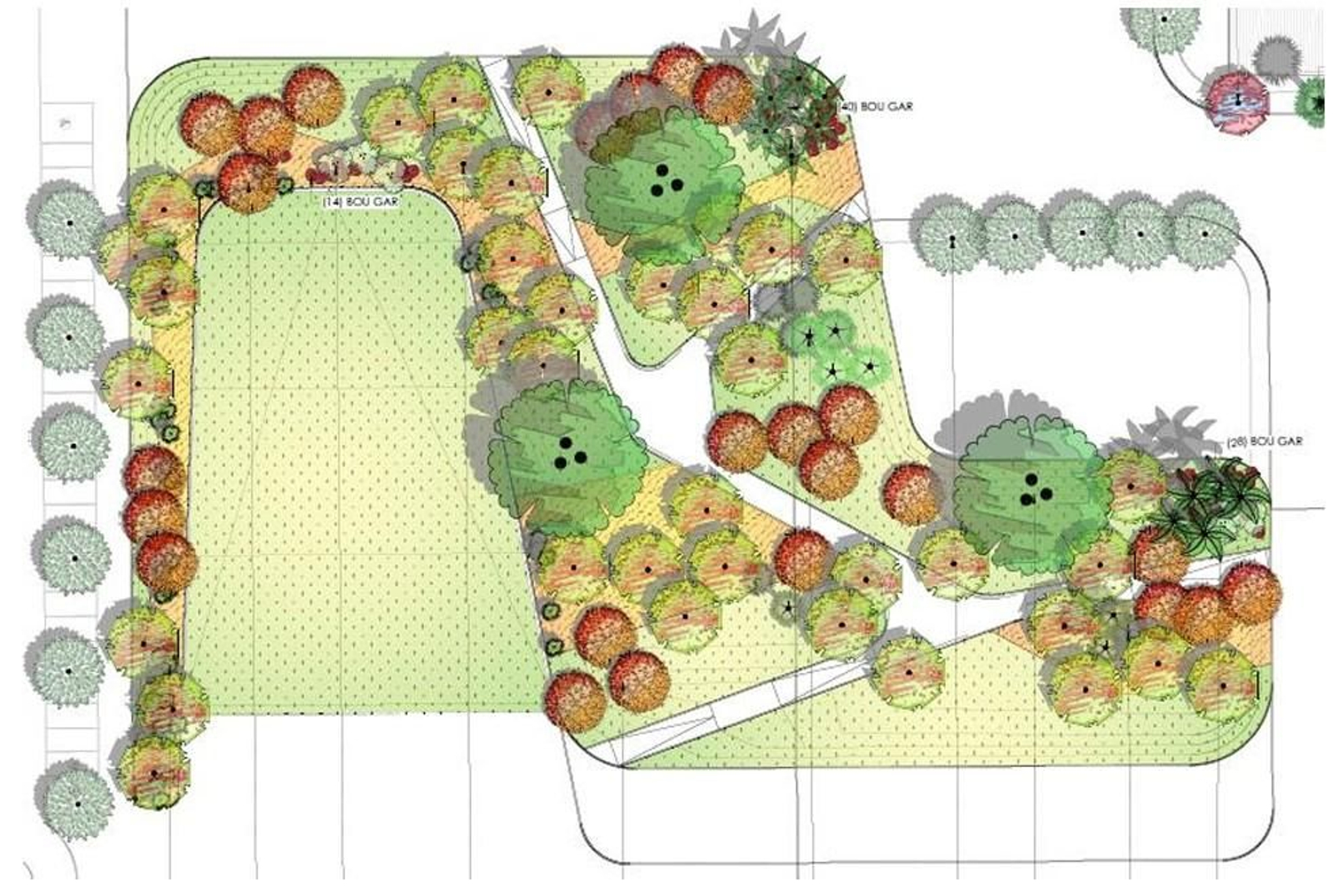 Zonas del parque de La Magdalena, en San Fernando, en las que se plantaran especies más vistosas y de mayor porte, tal y como se recogen en los planos del proyecto