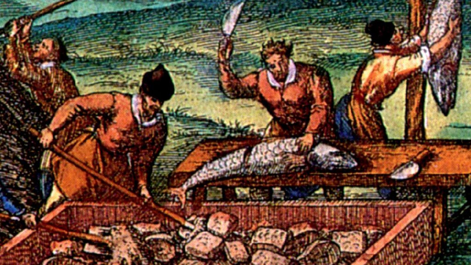 Preparación del atún pescado en las almadrabas del duque de Medina Sidonia según Hoefnagel (1575).