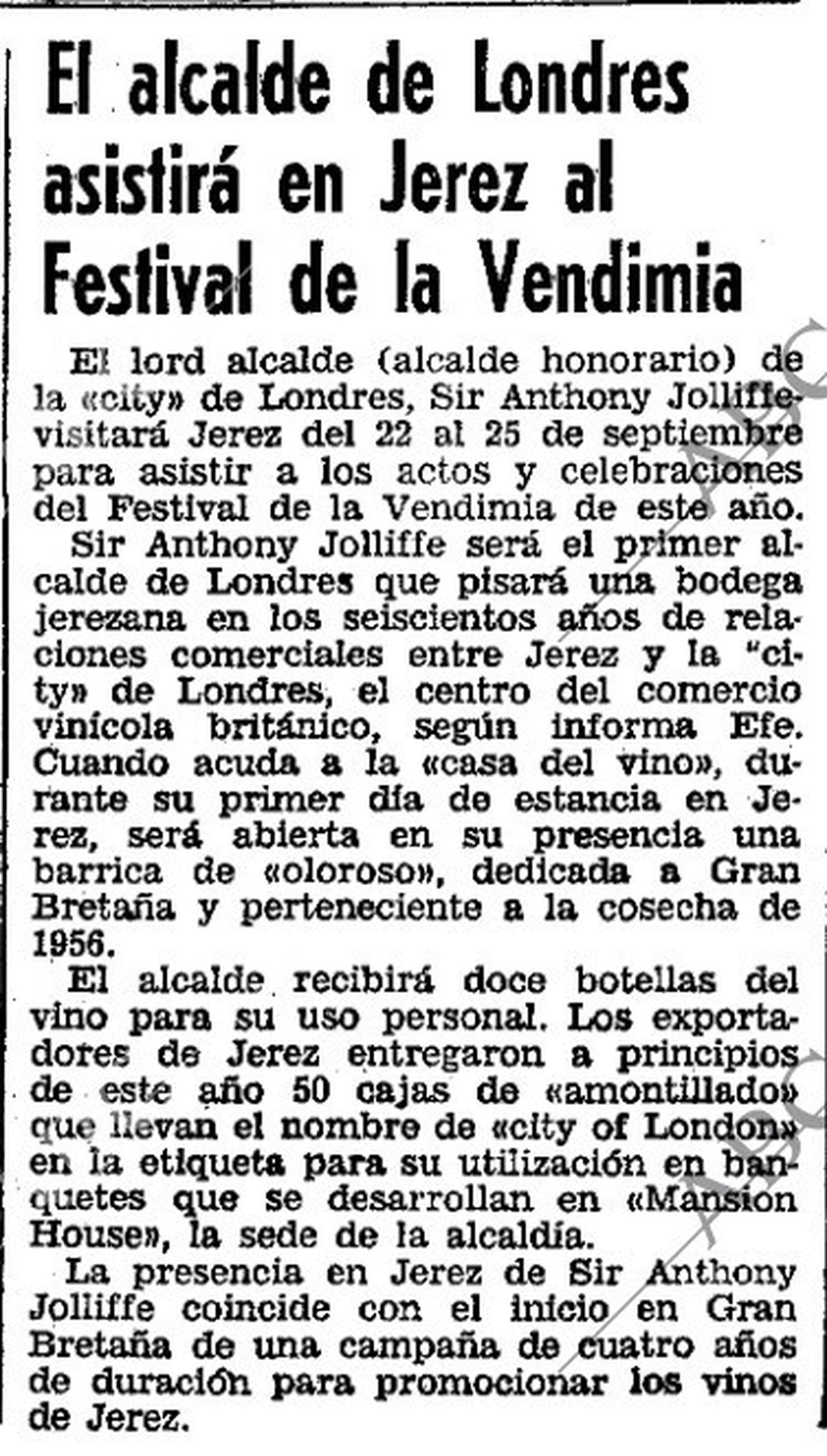 El ABC anuncia la llegada a Jerez del Lord Mayor de Londres.