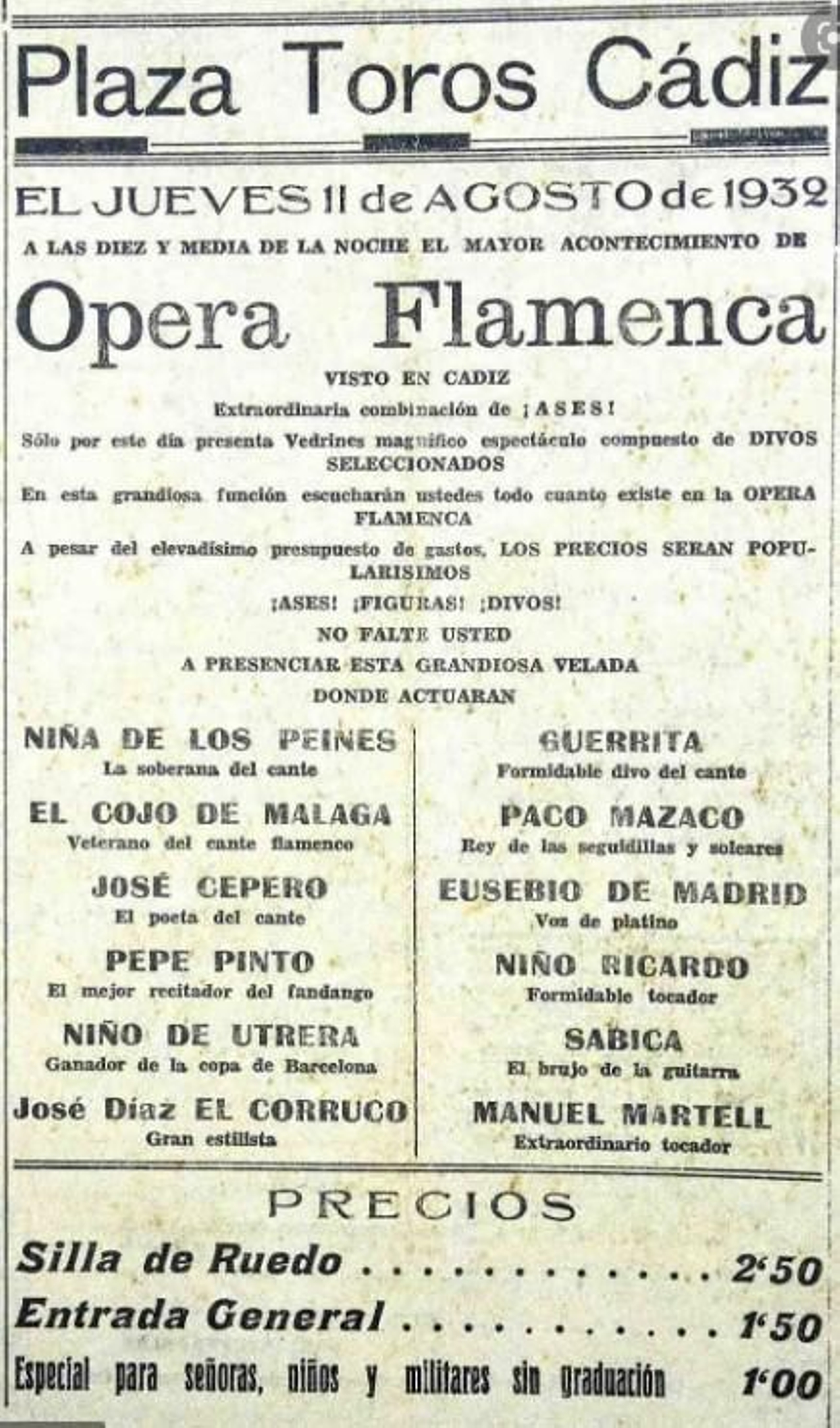 3. Cartel del espectáculo en Cádiz, 11 agosto 1932. 3. Cartel del espectáculo en Cádiz, 11 agosto 1932.