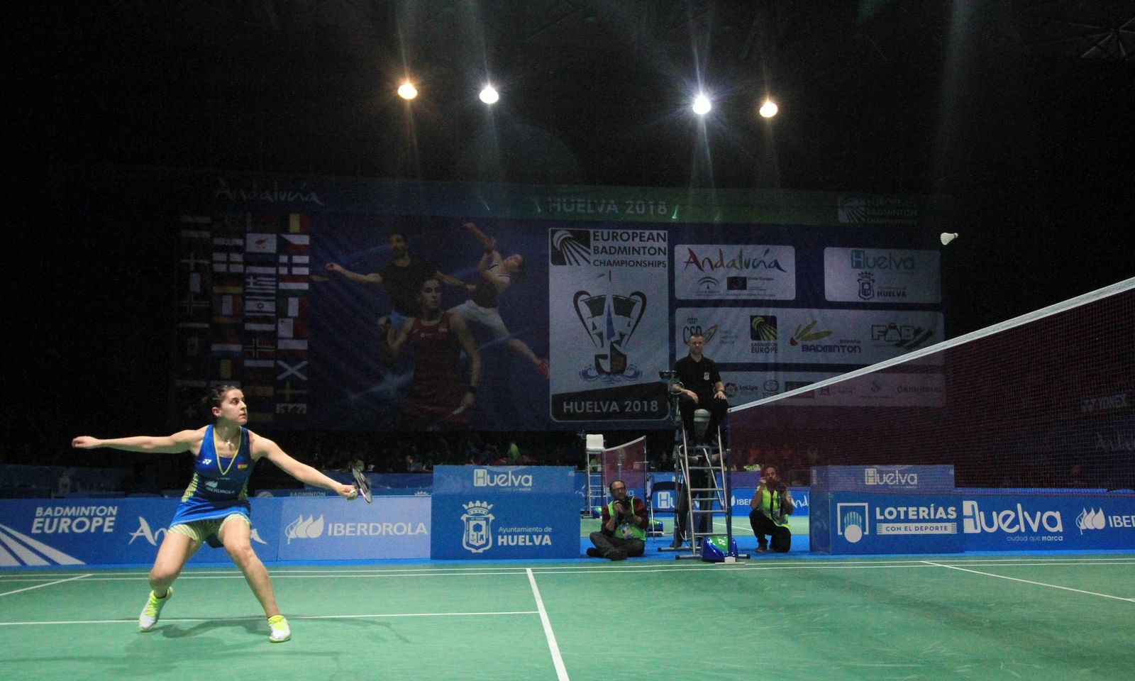 Carolina Marín durante un partido en el Europeo de 2018