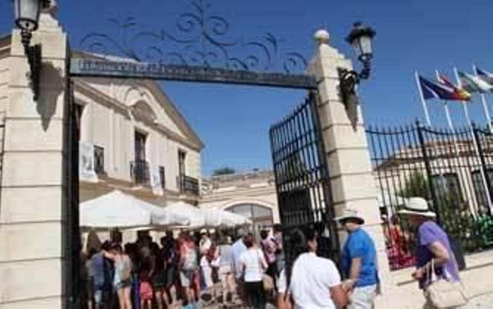 Un grupo de turistas  haciendo cola, este verano, a la entrada de la Real Escuela Ecuestre para ver el espectáculo de los caballos. /Vanesa Lobo
