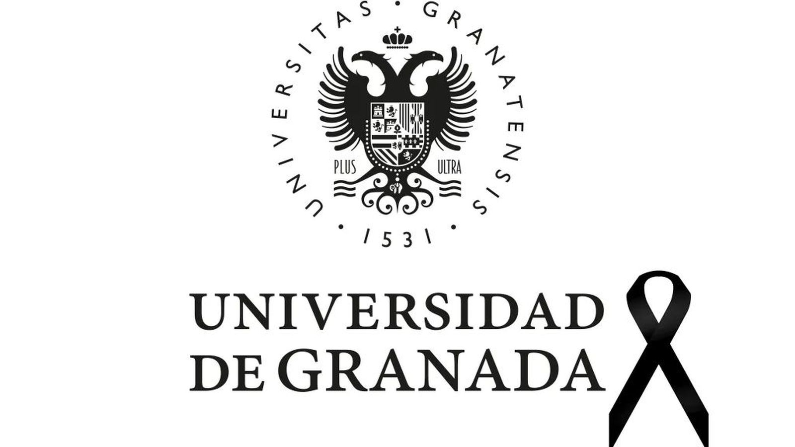Emblema de la Universidad de Granada con un lazo negro en señal de luto por el fallecimiento del estudiante