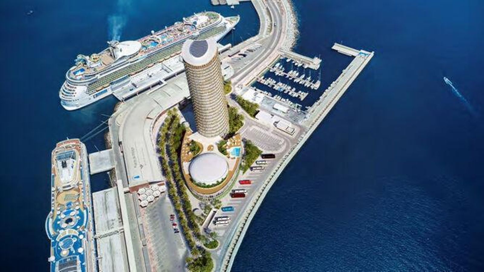 Infografía de la torre proyectada junto al dique de levante, en el puerto de Málaga,