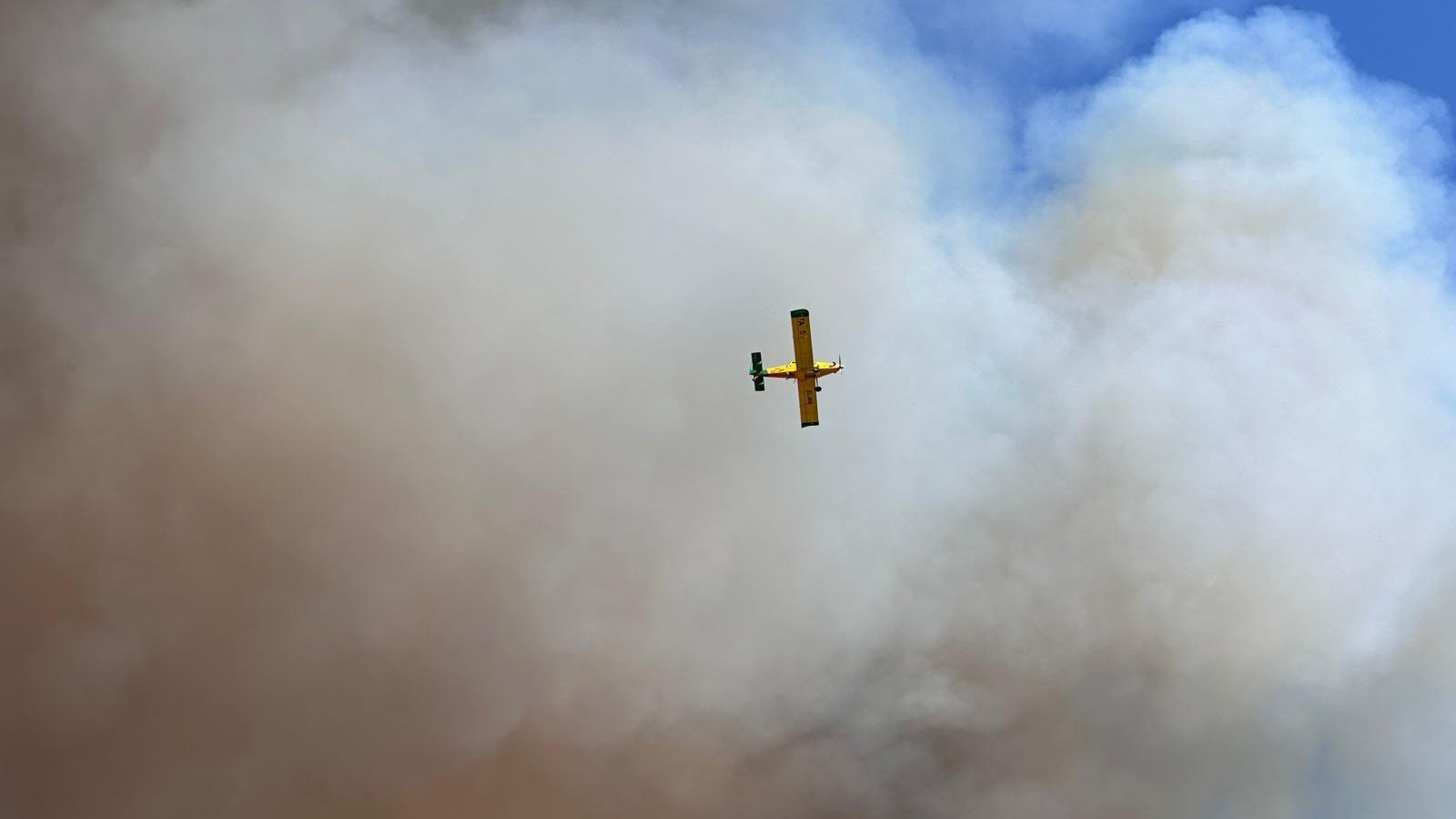 Un avión sobrevuela el incendio.