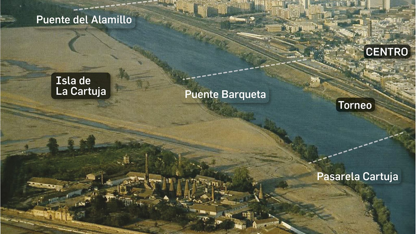 Vista del Monasterio de la Cartuja antes de la urbanización de la Isla de la Cartuja.