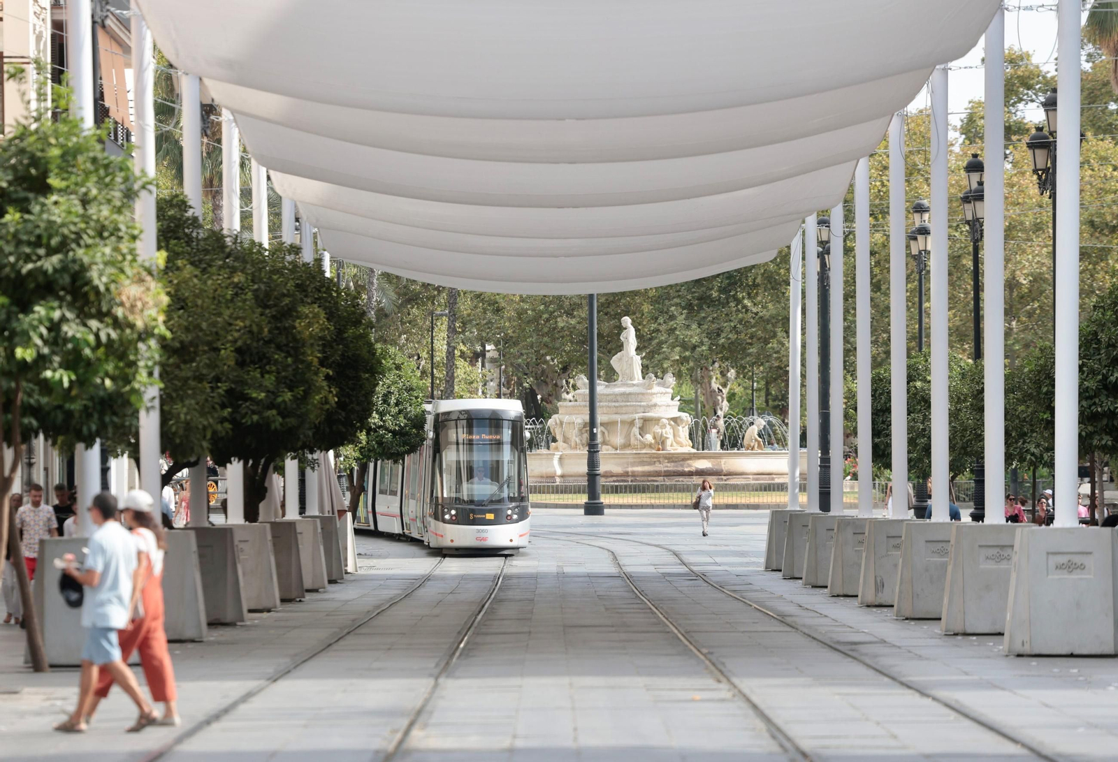 El tranvía se aproxima a la zona entoldada de la Avenida.