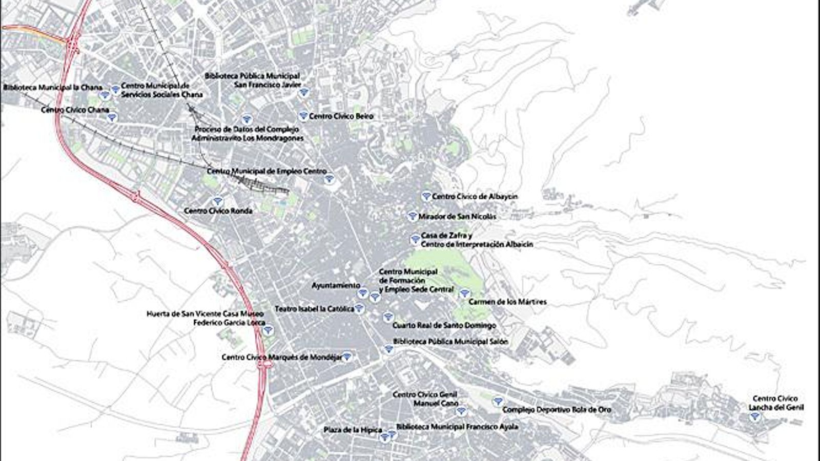 Mapa de los puntos wifi gratuitos en Granada