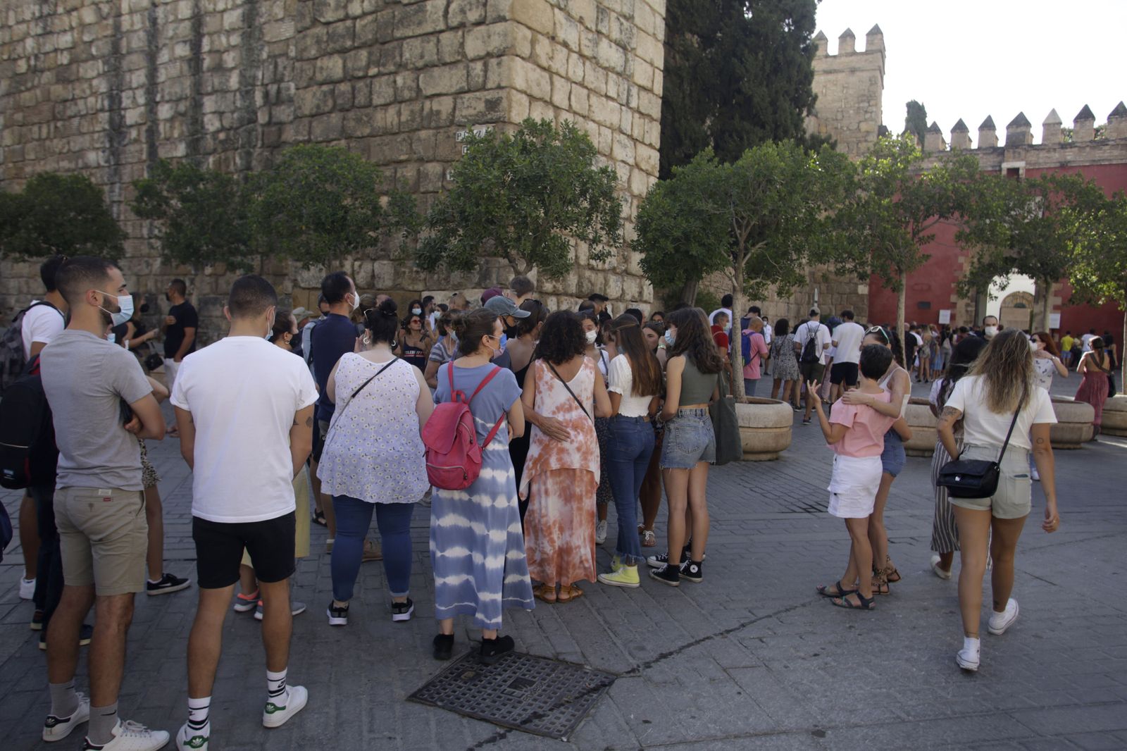 Un nutrido grupo de turistas hacen cola para visitar el Real Álcazar de Sevilla.