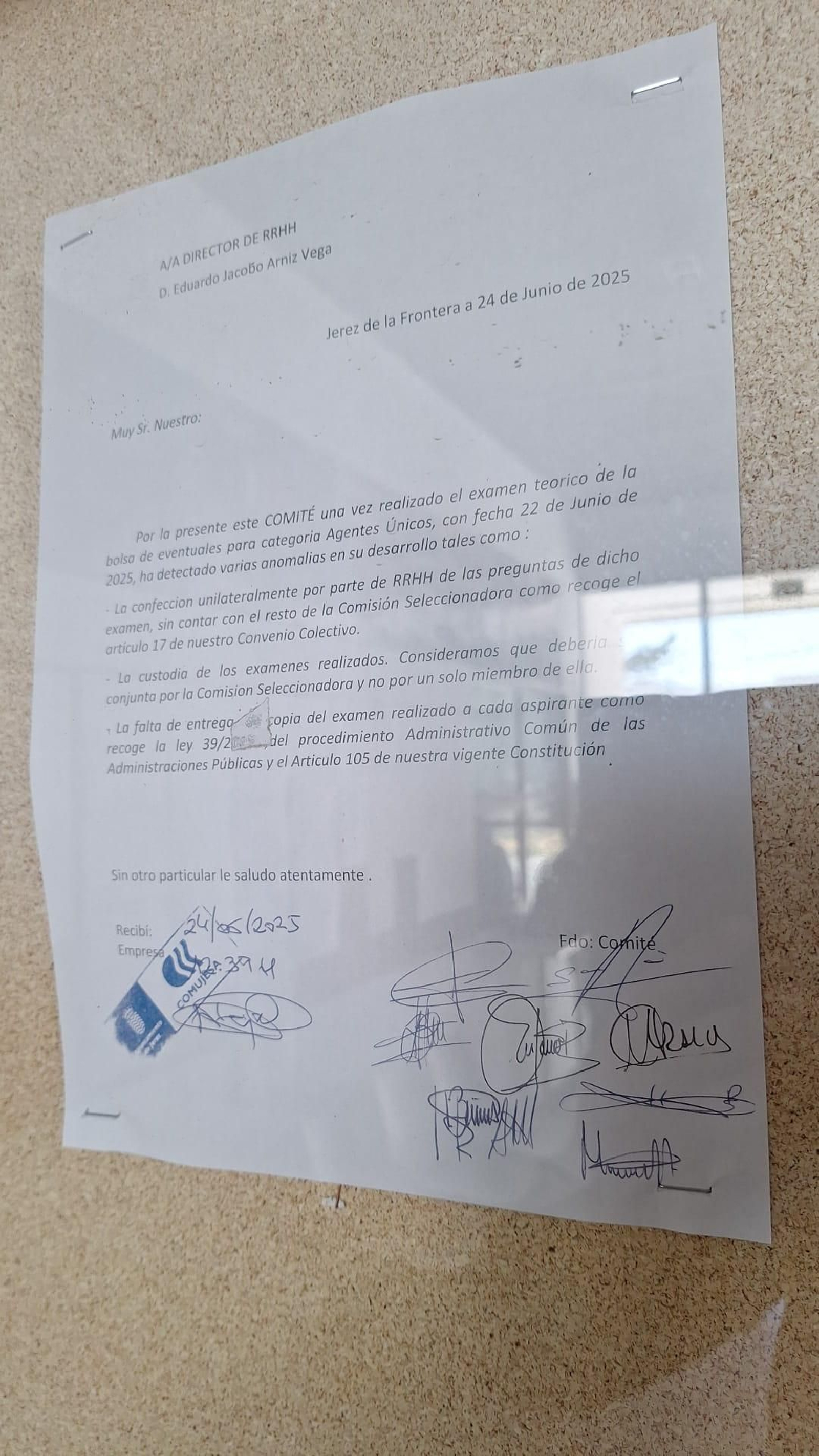 Escrito del comité de empresa de Comujesa.