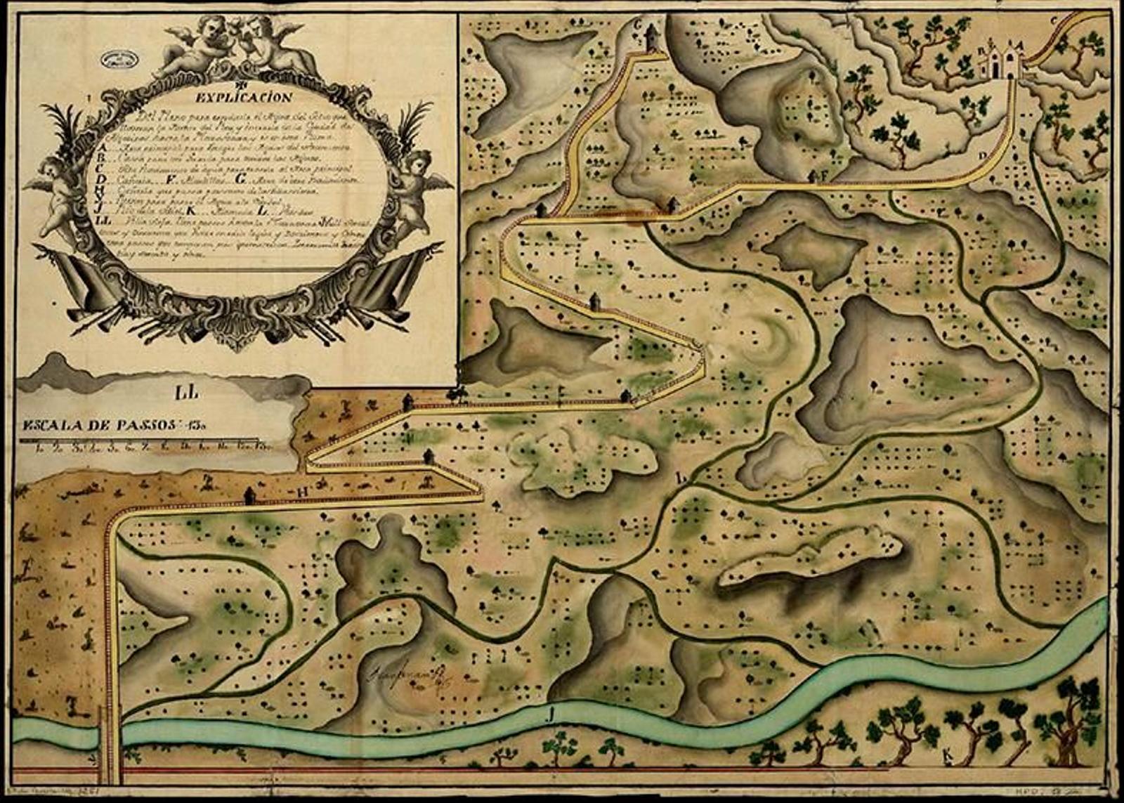 Plano del proyecto de conducción de agua desde el sitio que llaman Fuente del Rey (en la sierra del Cobre) hasta la Plaza Baja de Algeciras. Año 1726.