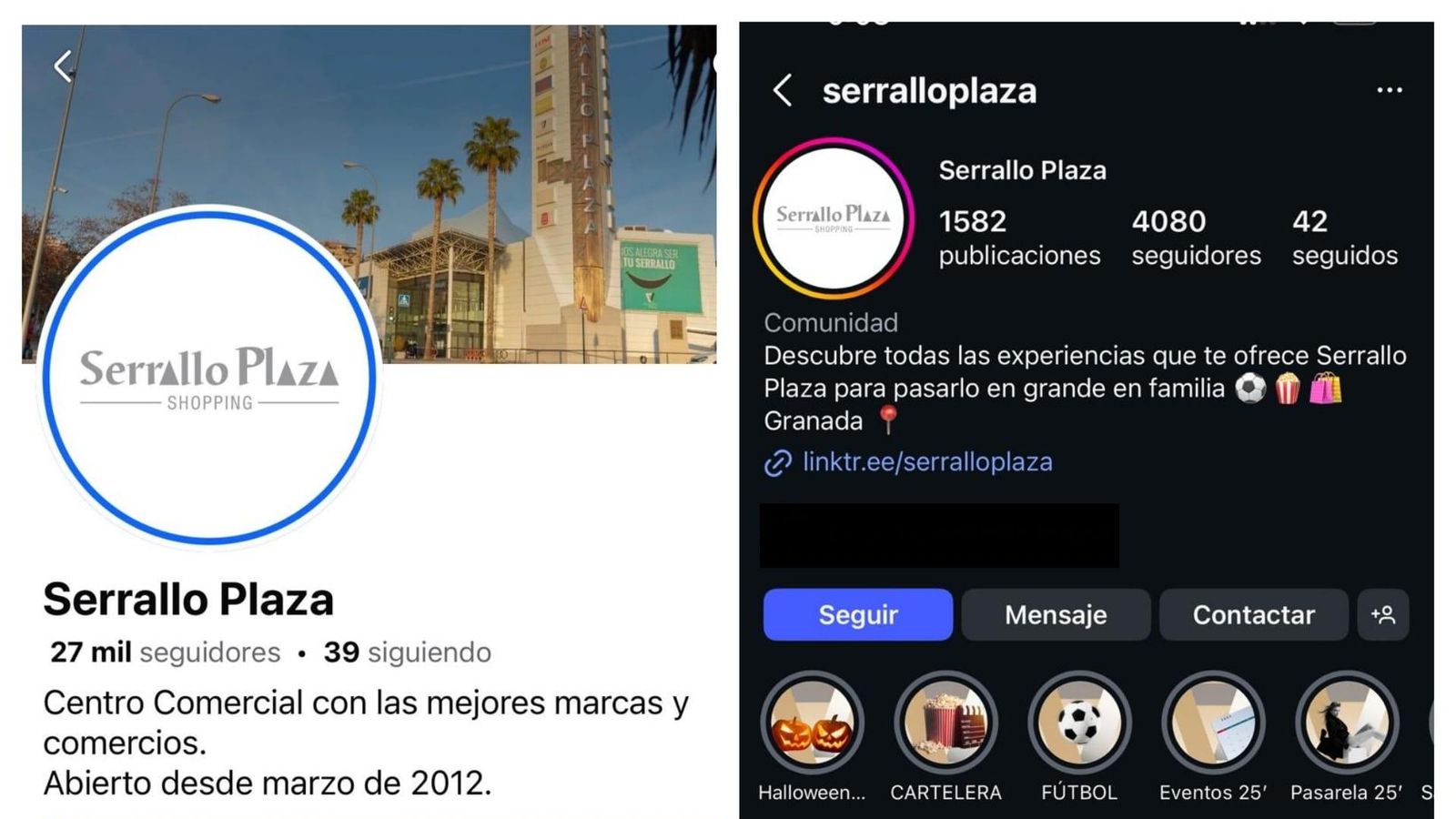 Perfiles de Facebook e Instagram del Serrallo Plaza, ya con la nueva imagen corporativa