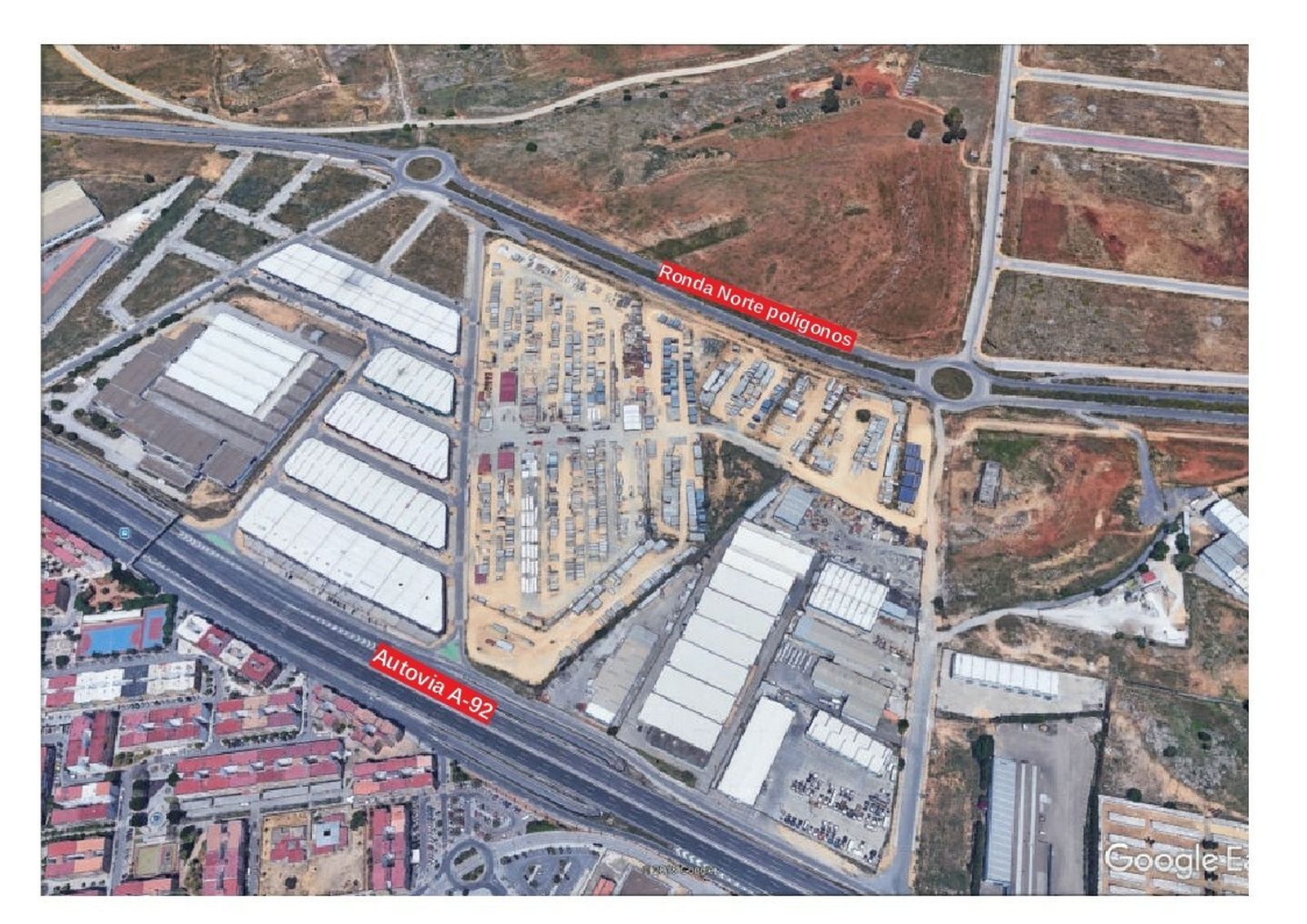 Un plano de la nueva zona industrial que se va a aprobar junto a la A-92 y la barriada de la Paz.