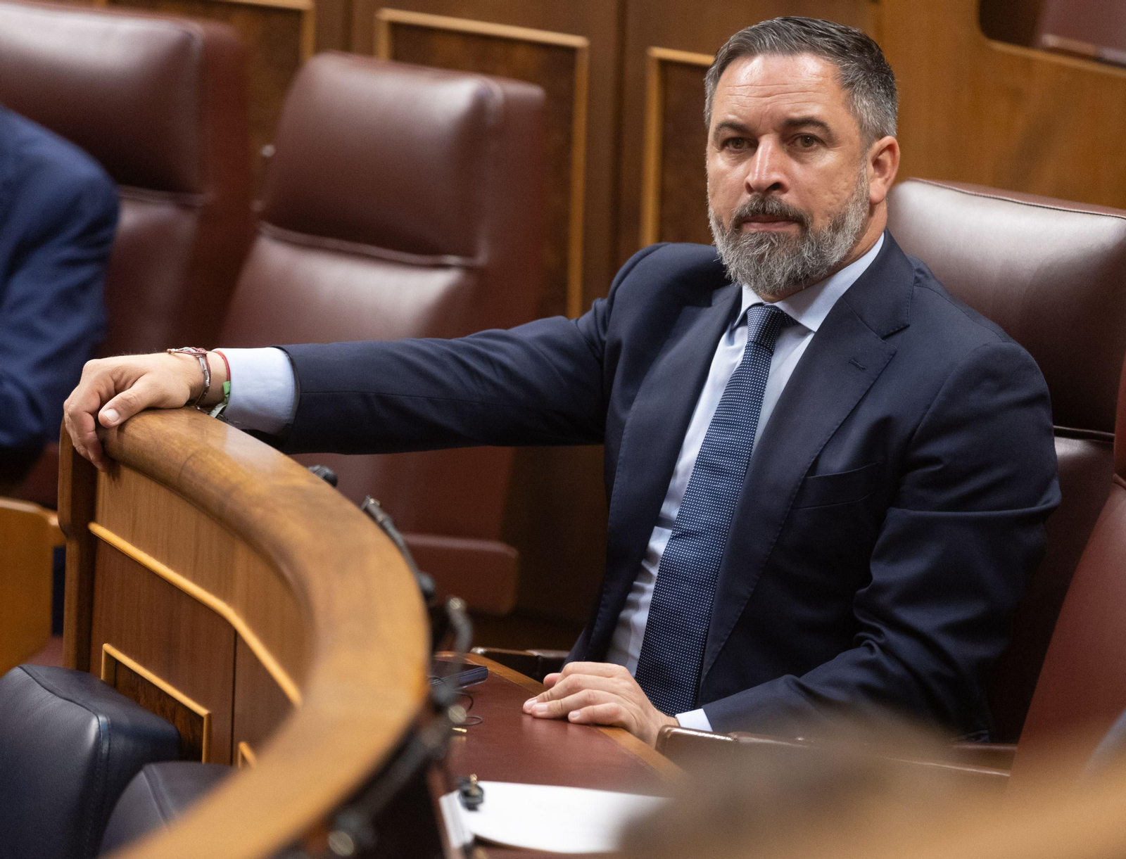 Santiago Abascal, líder de Vox, en su escaño del Congreso.