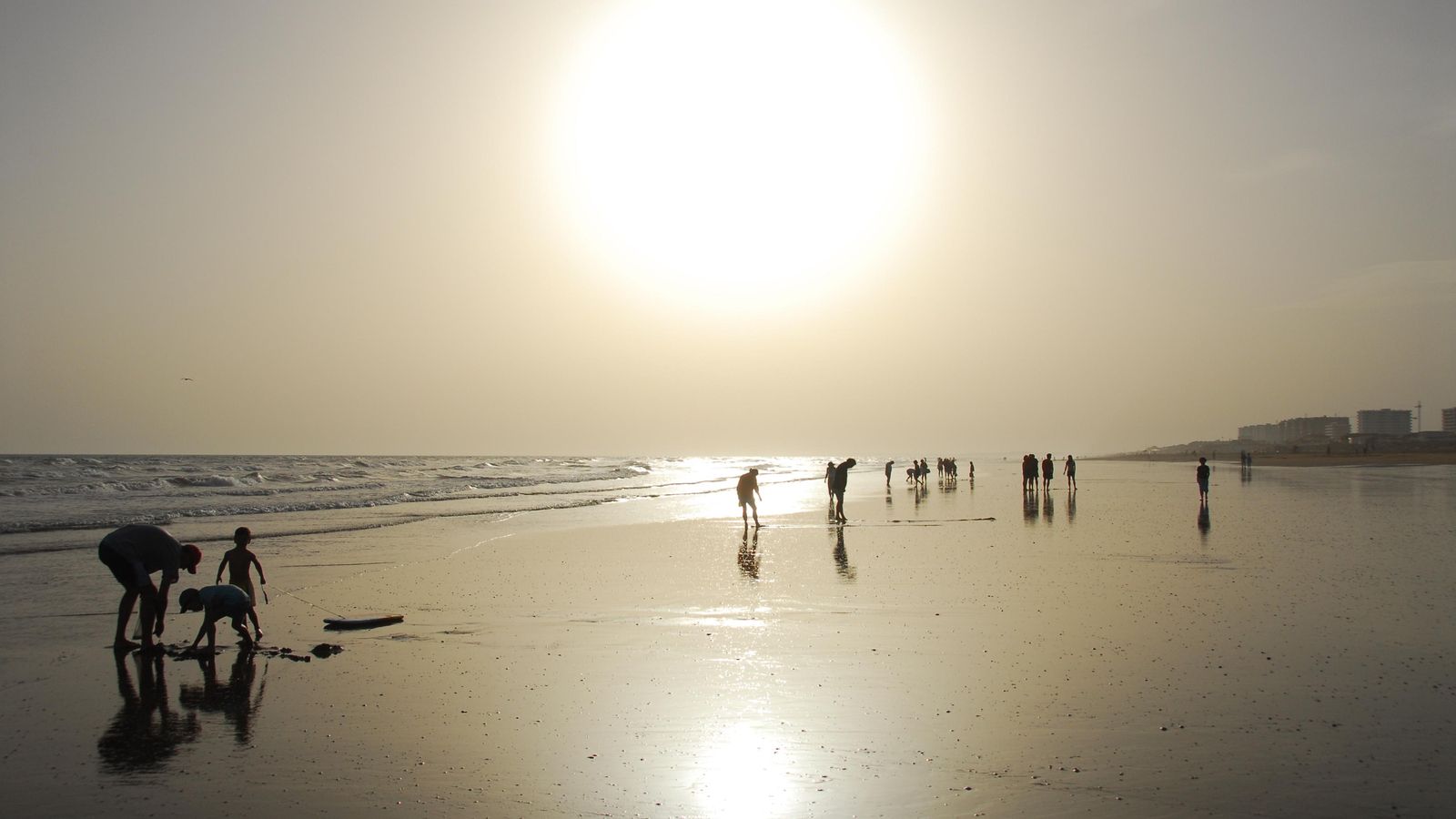 Bañistas buscan coquinas en la playa de Punta Umbría.