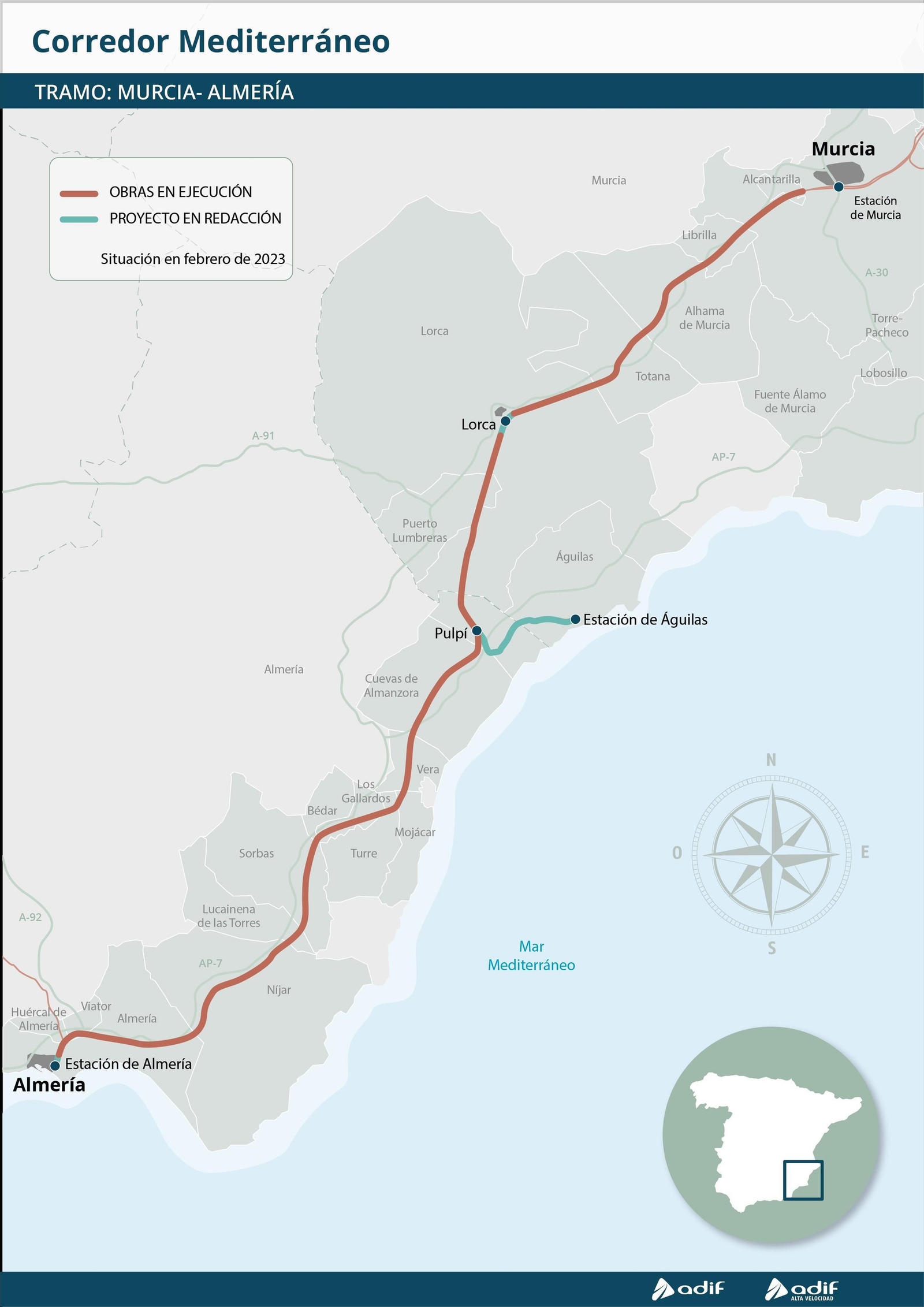 Mapa de la situación de los tramos de la LAV Murcia-Almería