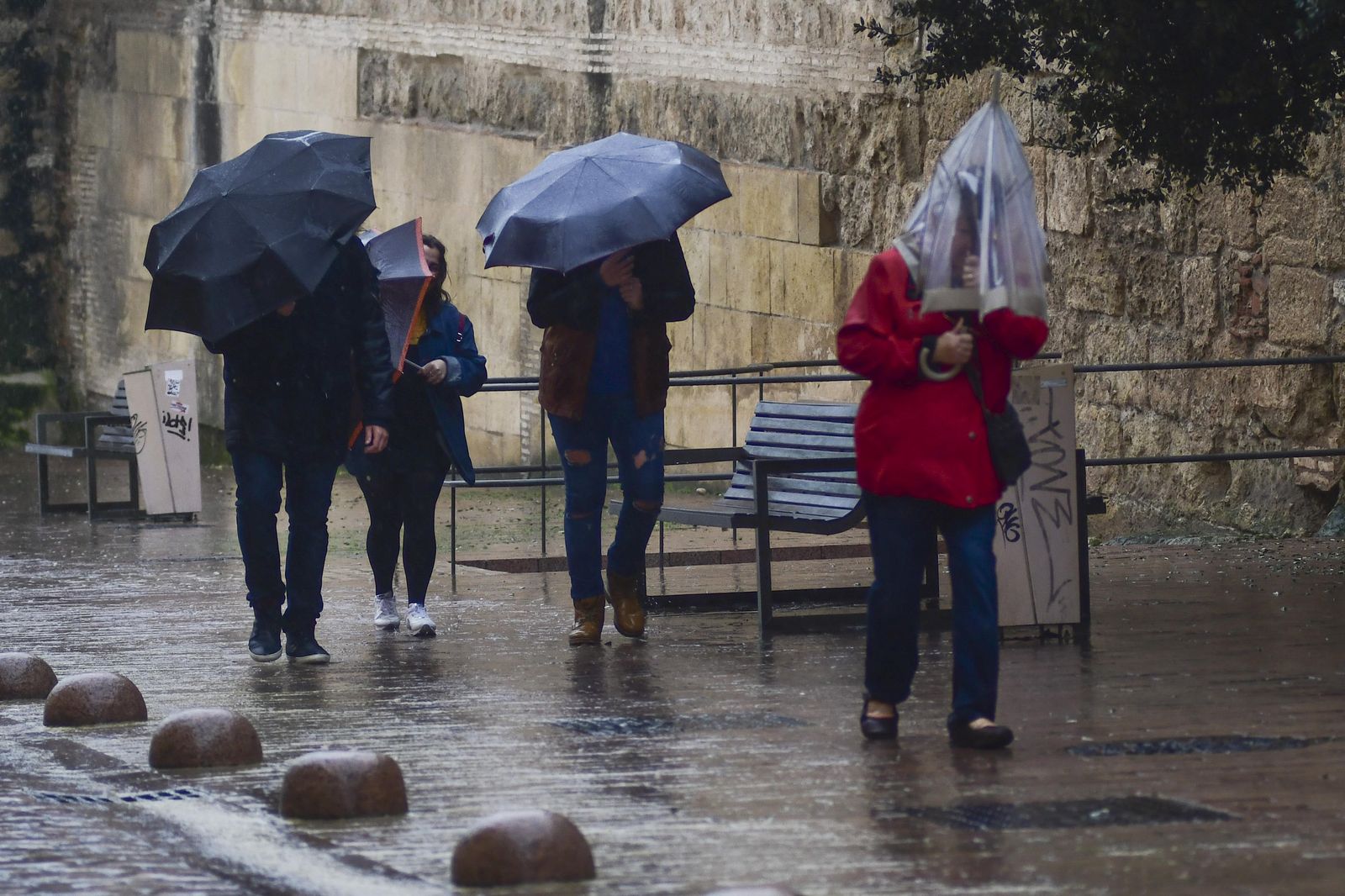 Varias personas se protegen de la lluvia y el viento.