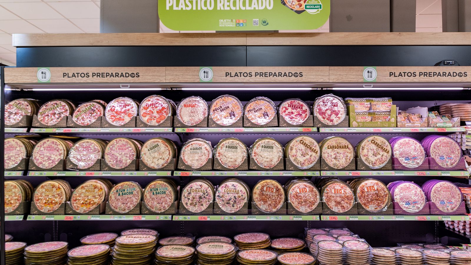Lineal de pizzas refrigeradas en un supermercado español