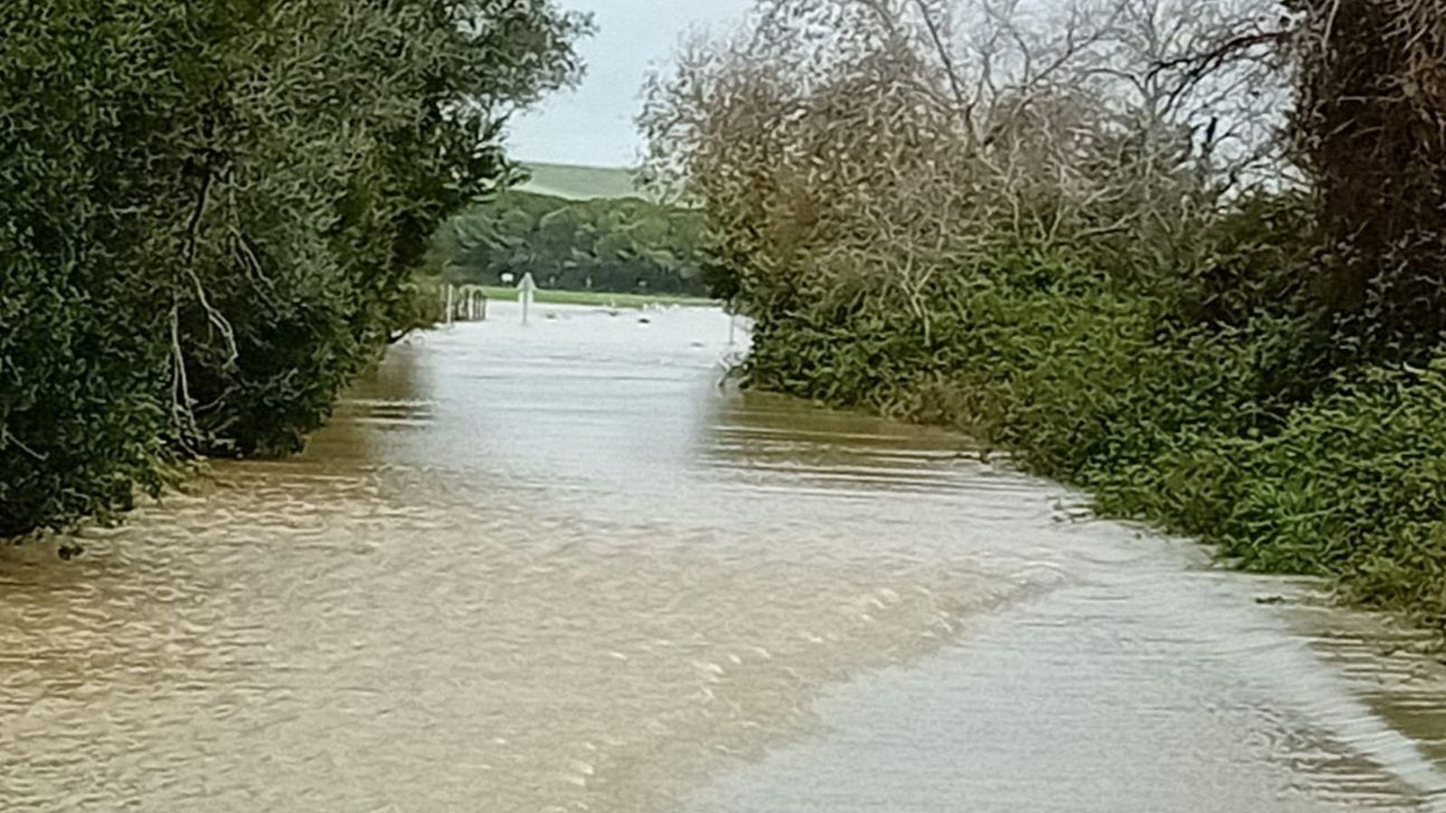 Carretera inundada en la zona de Jerez.