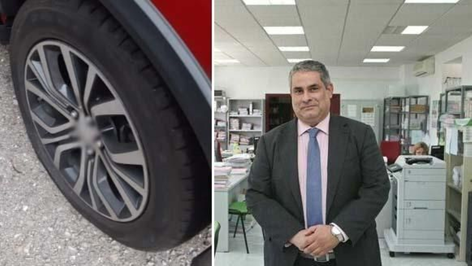 Juan Cisneros, en la sede de la Fiscalía de Algeciras. A la izquierda una de las ruedas pinchadas