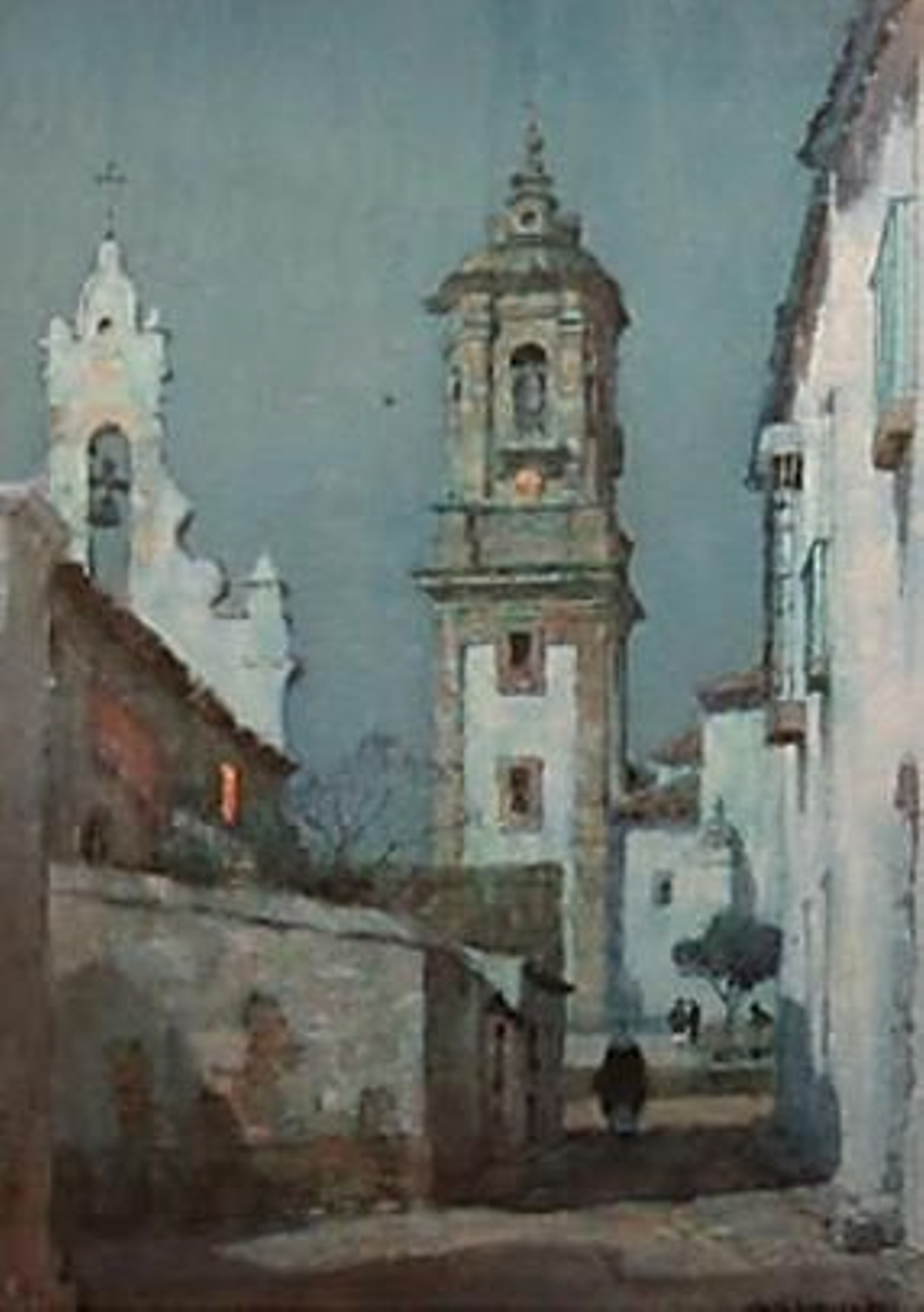 Albert M. Foweraker pintó en fecha desconocida esta acuarela con la iglesia de la Palma vista desde la calle Murillo. A la izquierda, vista trasera de la espadaña en la capilla de N. S. de Europa. Es notable su exagerado tamaño, pues Foweraker generalmente sacrificaba el realismo en los detalles para crear focos de interés o para complementar con detalles pintorescos lo que verdaderamente le interesaba, el efecto de la luz. Albert M. Foweraker pintó en fecha desconocida esta acuarela con la iglesia de la Palma vista desde la calle Murillo. A la izquierda, vista trasera de la espadaña en la capilla de N. S. de Europa. Es notable su exagerado tamaño, pues Foweraker generalmente sacrificaba el realismo en los detalles para crear focos de interés o para complementar con detalles pintorescos lo que verdaderamente le interesaba, el efecto de la luz.
