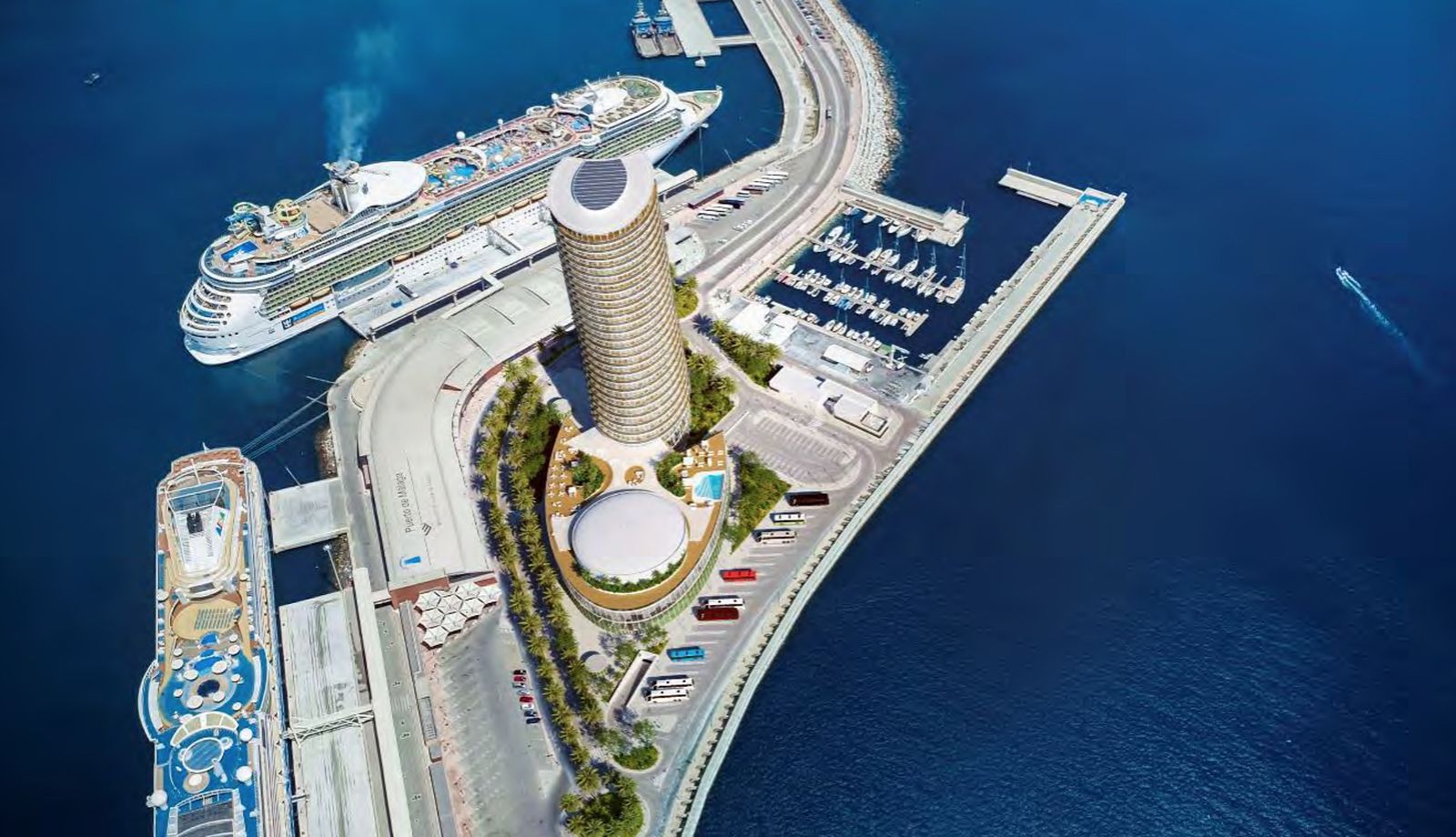 Infografía de la torre proyectada junto al dique de levante, en el puerto de Málaga.