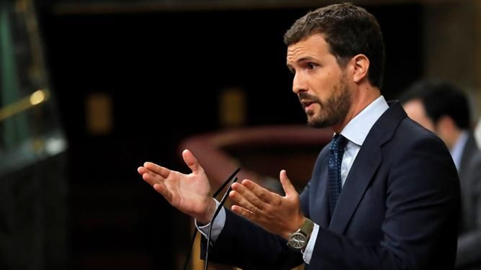El presidente del Partido Popular, Pablo Casado, durante su intervención. El presidente del Partido Popular, Pablo Casado, durante su intervención.