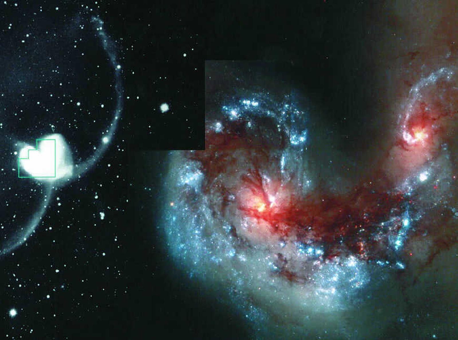 Fotografía enviada por el Hubble  en la que se aprecia un detalle del choque de las dos galaxias