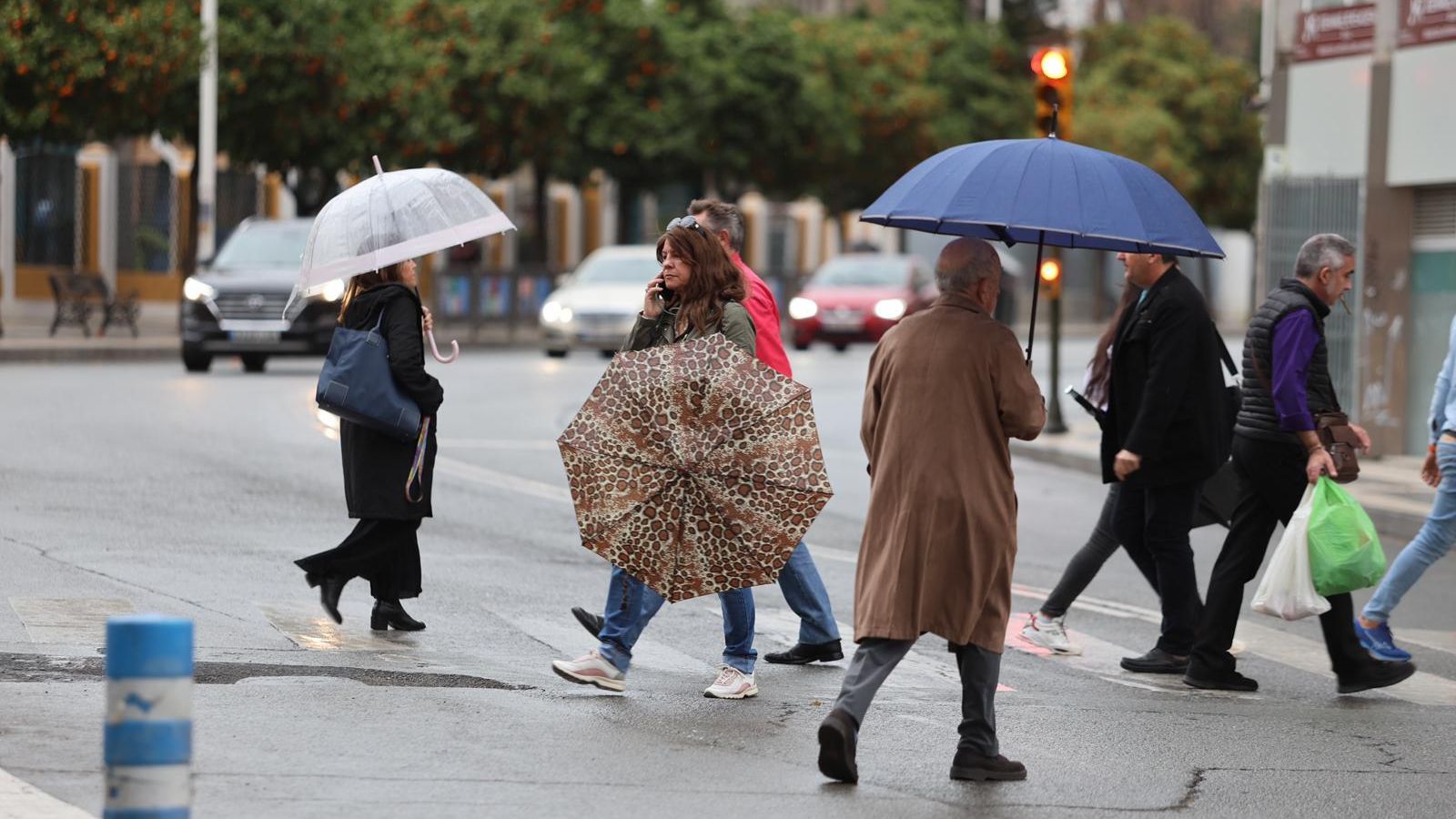 Ciudadanos con sus paraguas este jueves en Huelva