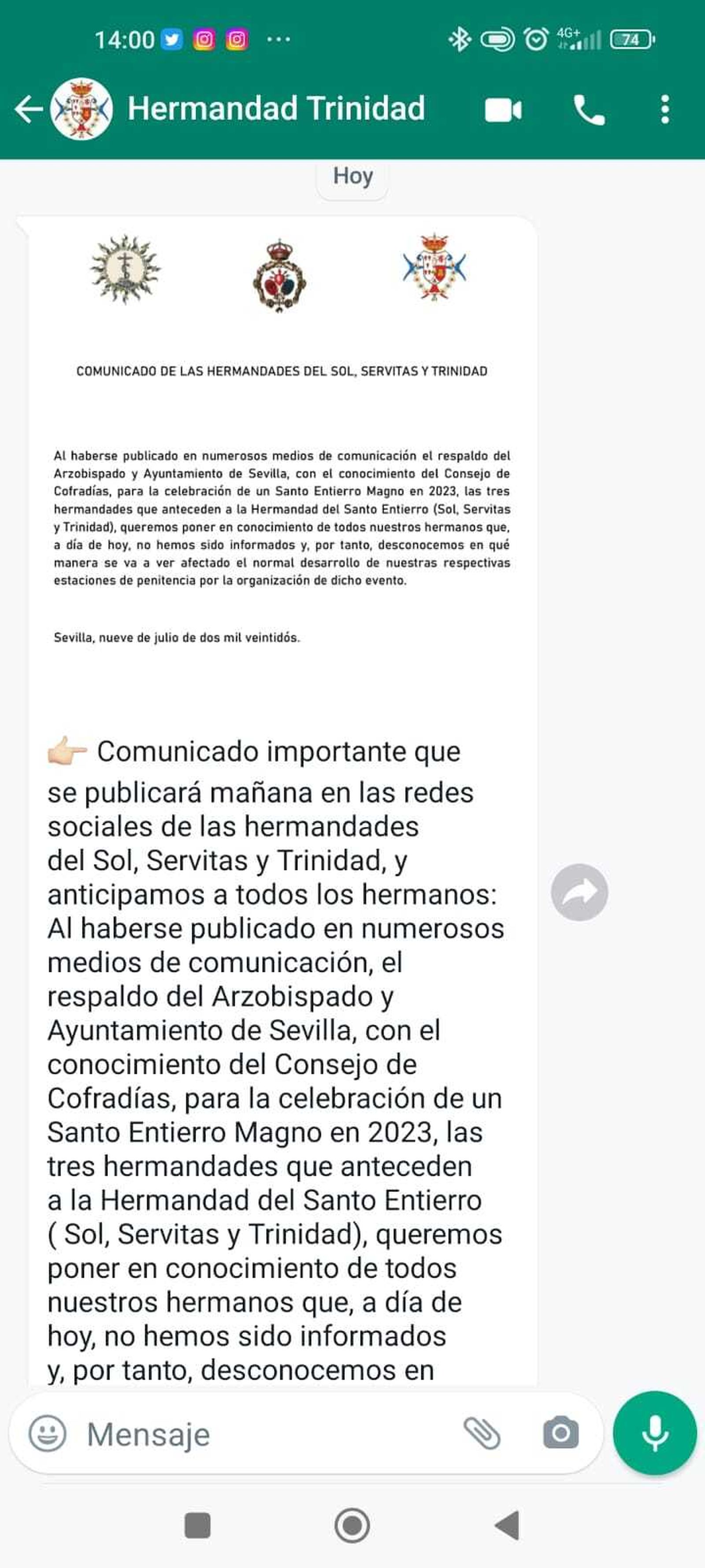 Mensaje de WhatsApp enviado por la Hermandad de la Trinidad