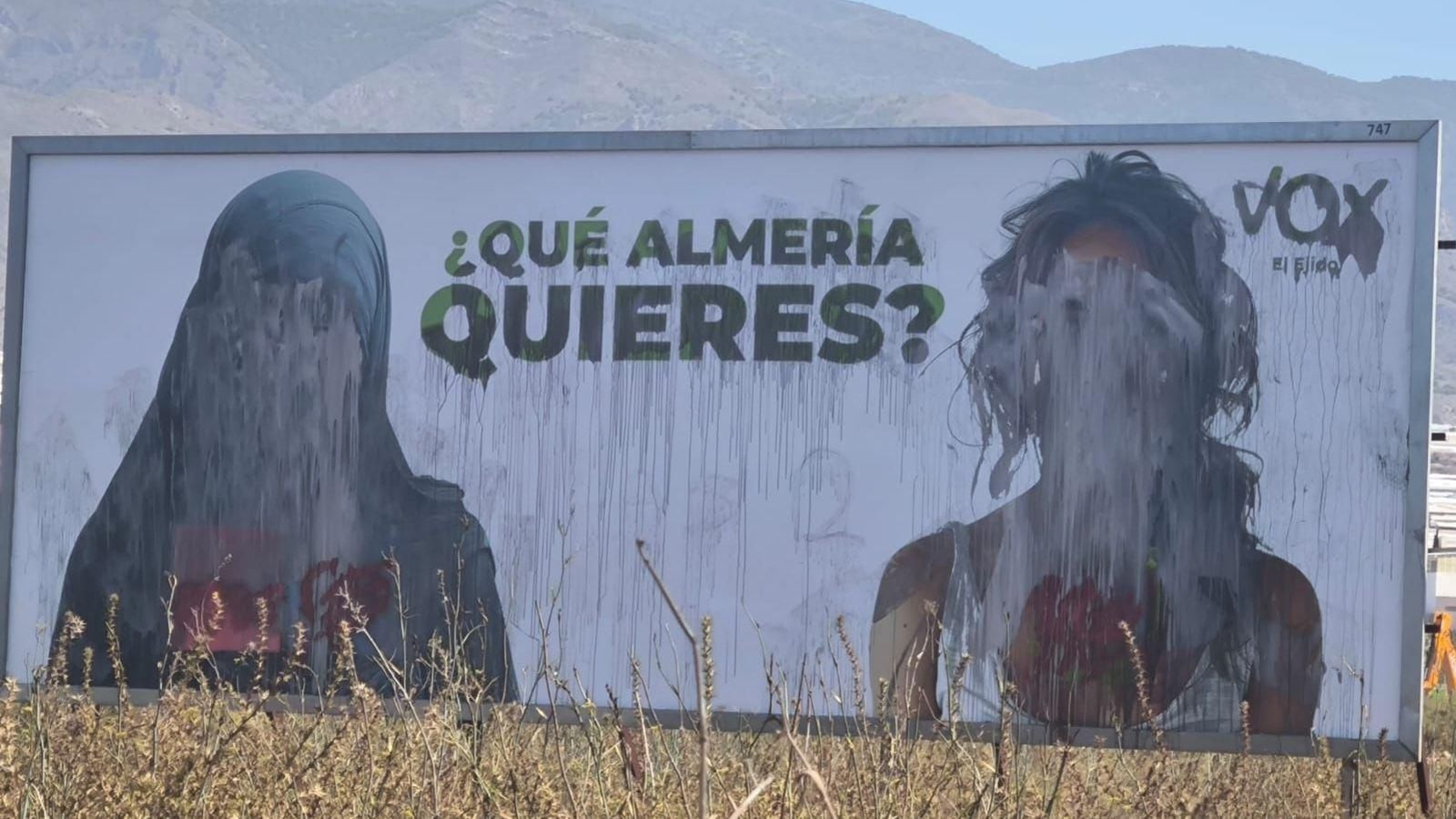 Estado actual de la valla instalada por Vox en la N-340 en El Ejido.