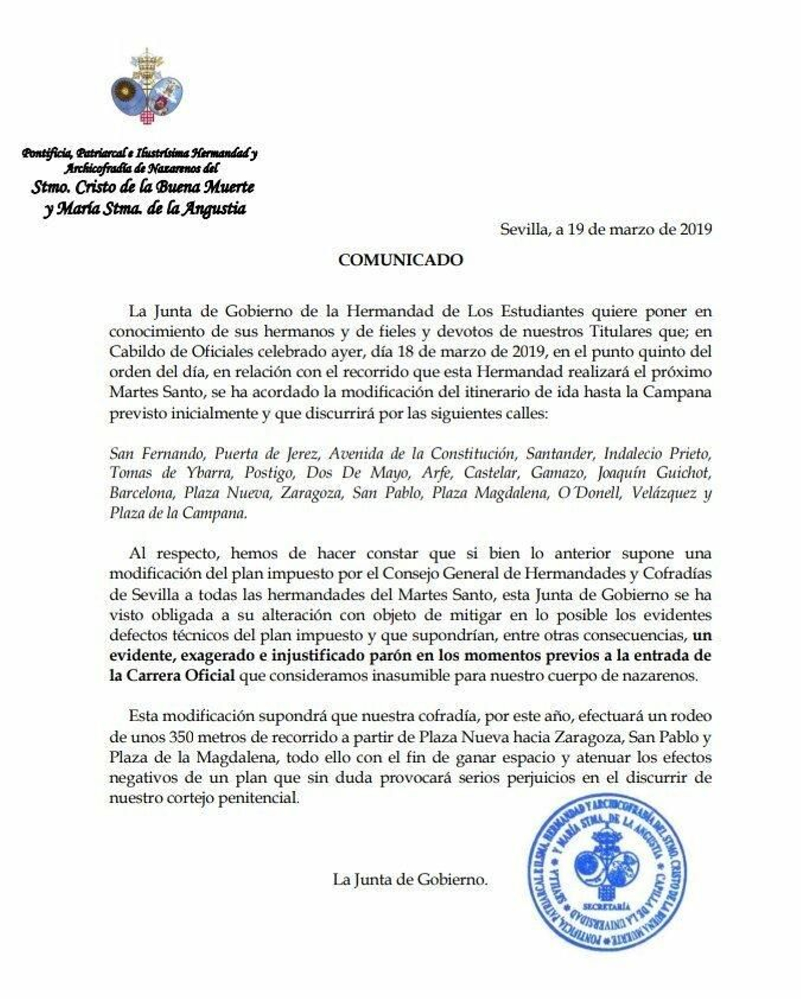 El comunicado de la hermandad.