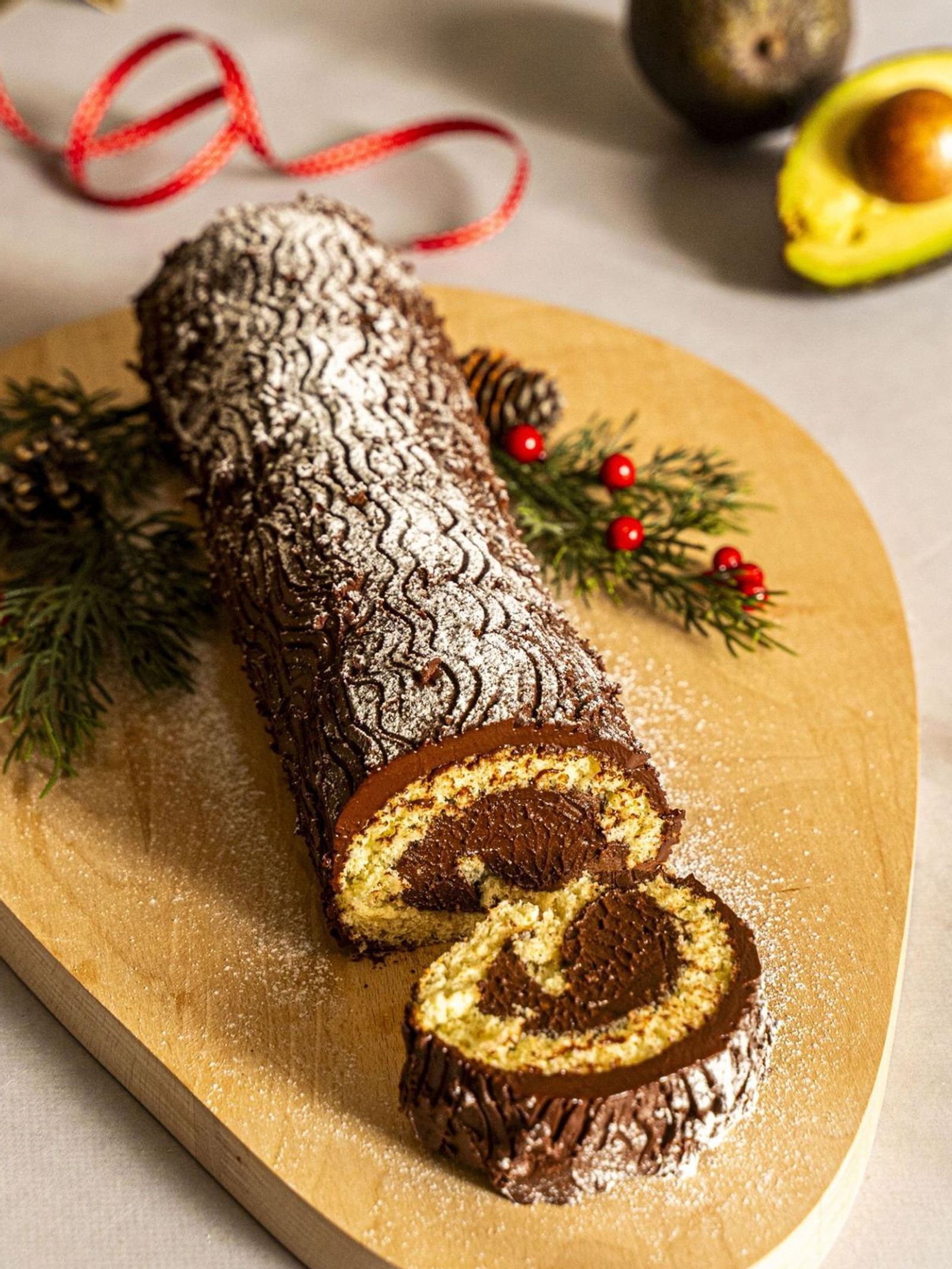 Tronco de Navidad de aguacate y chocolate