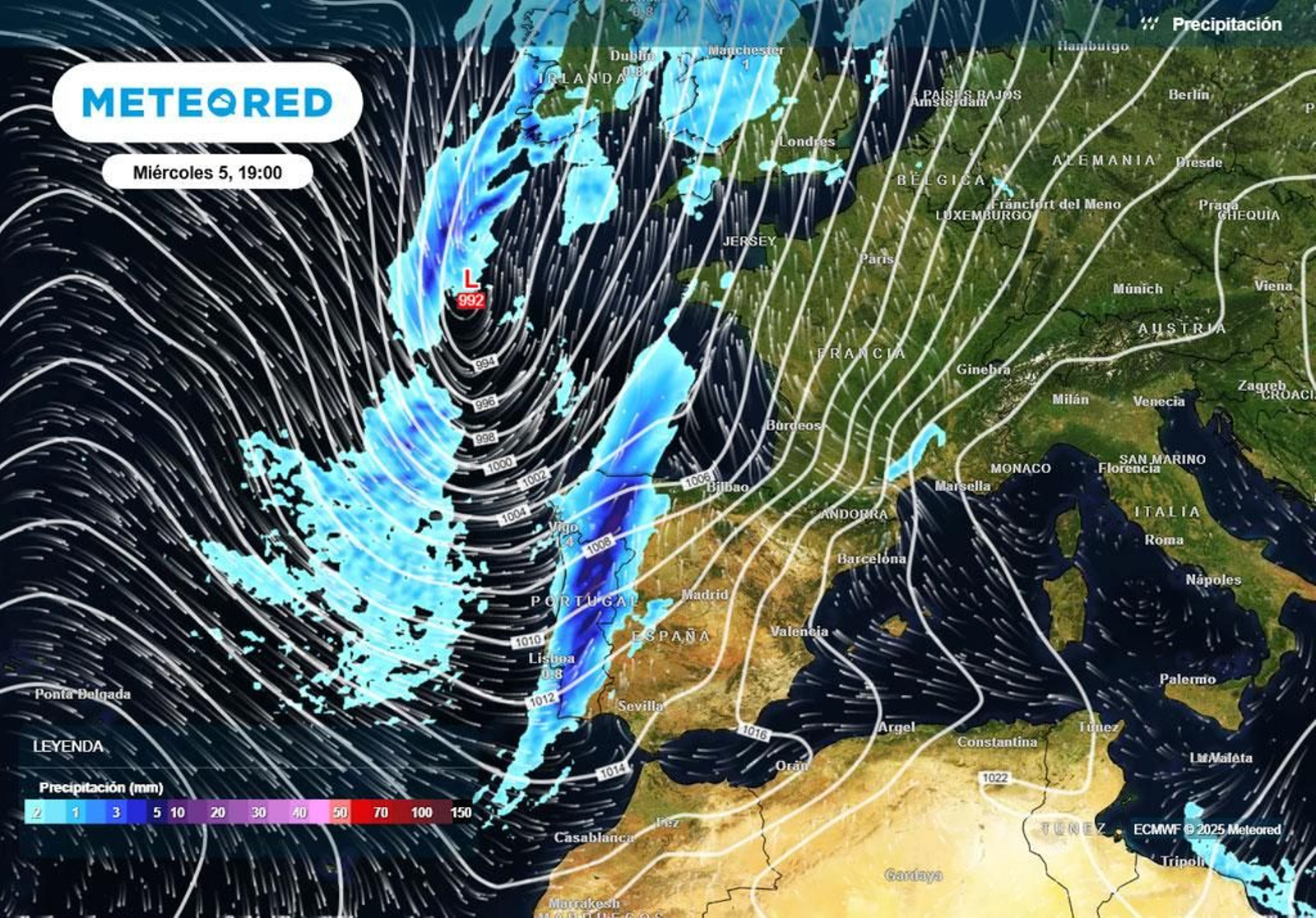 Previsión del frente que podría terminar afectando a Cádiz el miércoles 5 de noviembre.