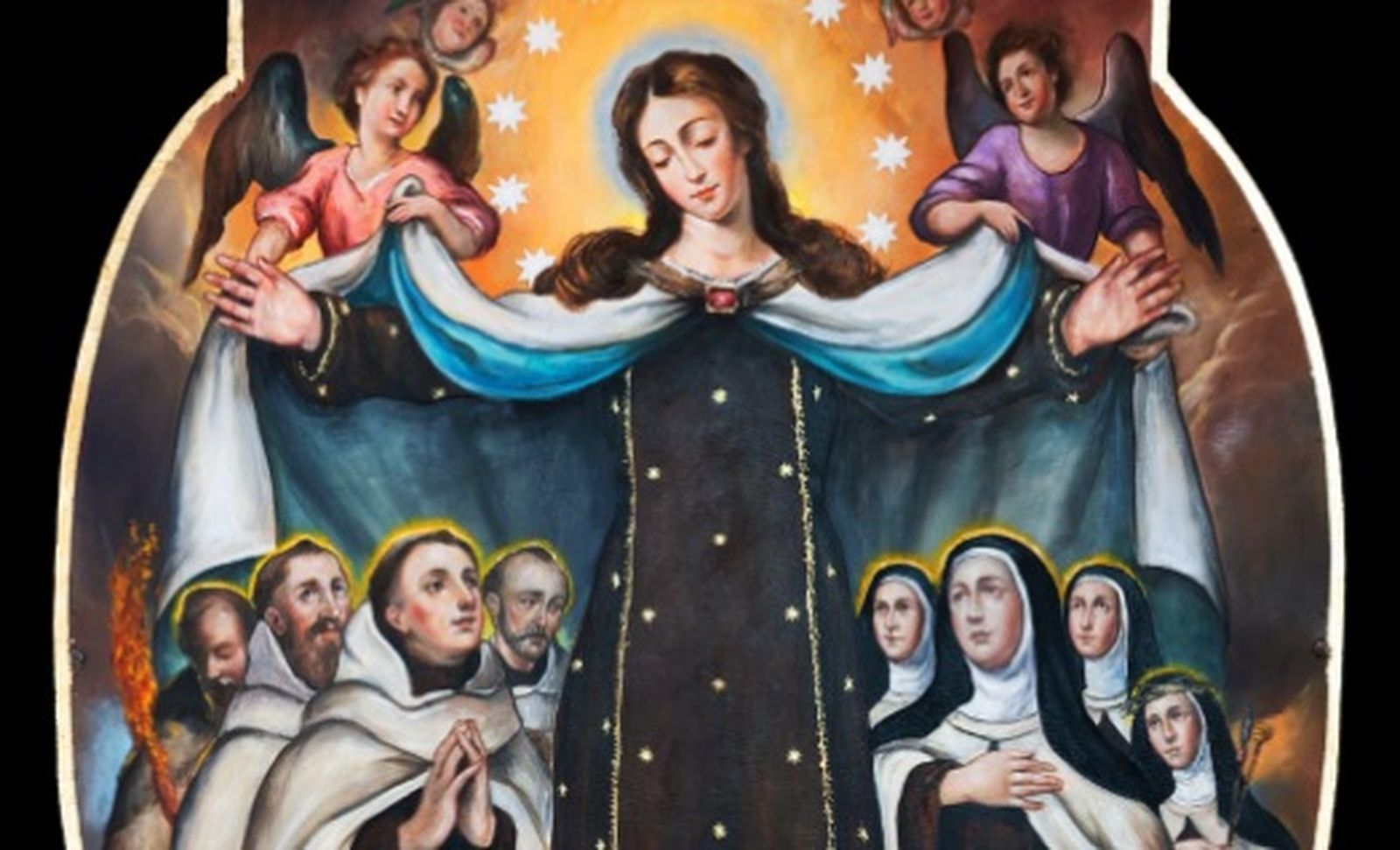 La obra recoge la presencia de varios santos relacionados con la advocación