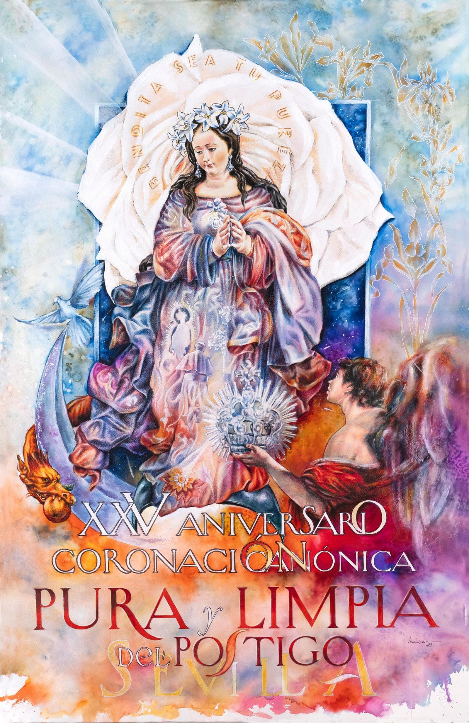 El cartel cuenta con varias reminiscencias inmaculistas y sobre la pureza de la Virgen