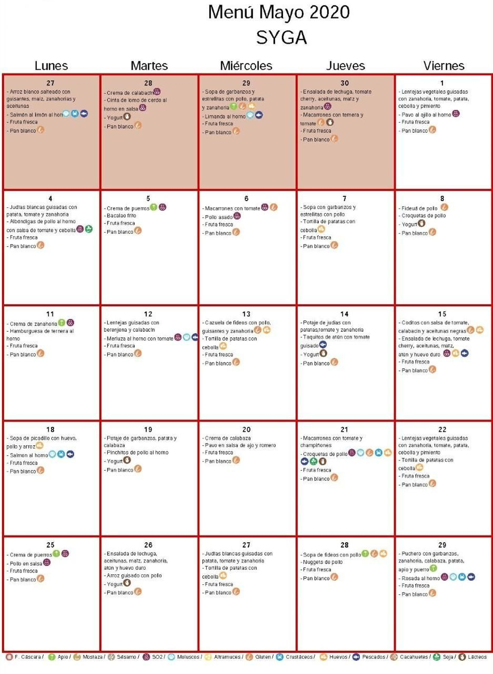 Primeras semanas del  menú de mayo.