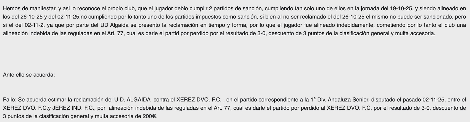 El Comité ha castigado al filial del Xerez DFC con tres puntos menos.