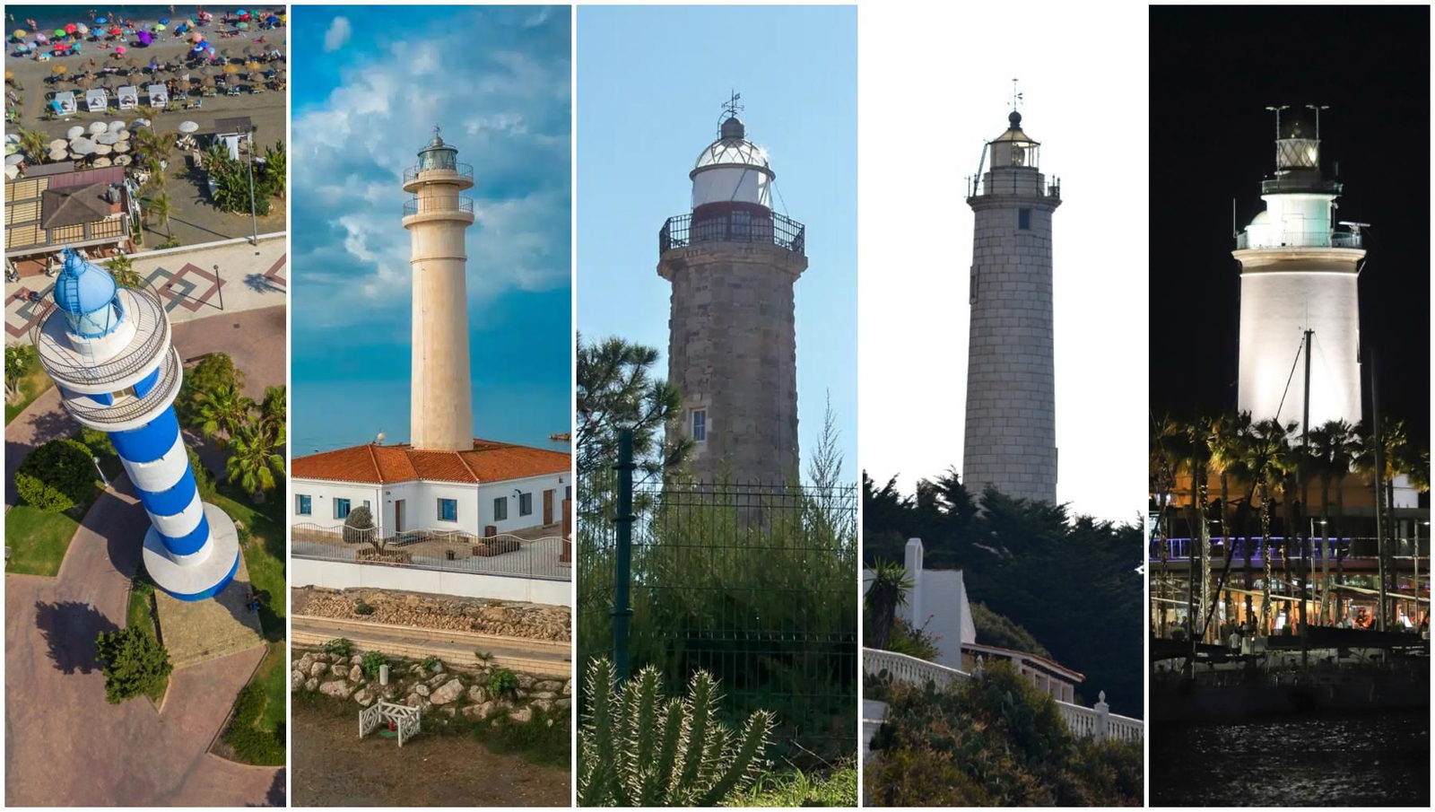 Cinco faros que dominan la provincia de Málaga.