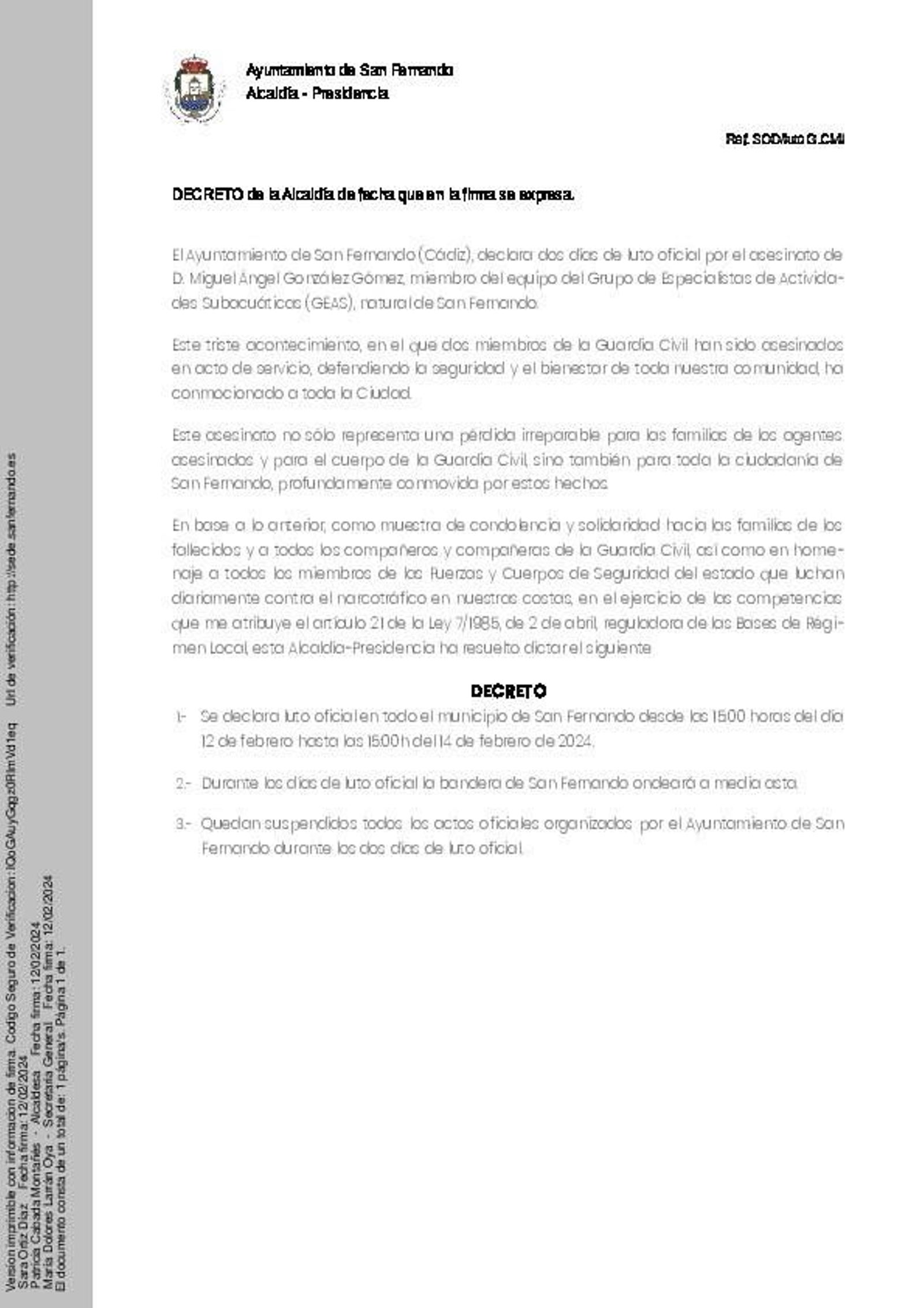 Decreto del luto oficial en San Fernando.